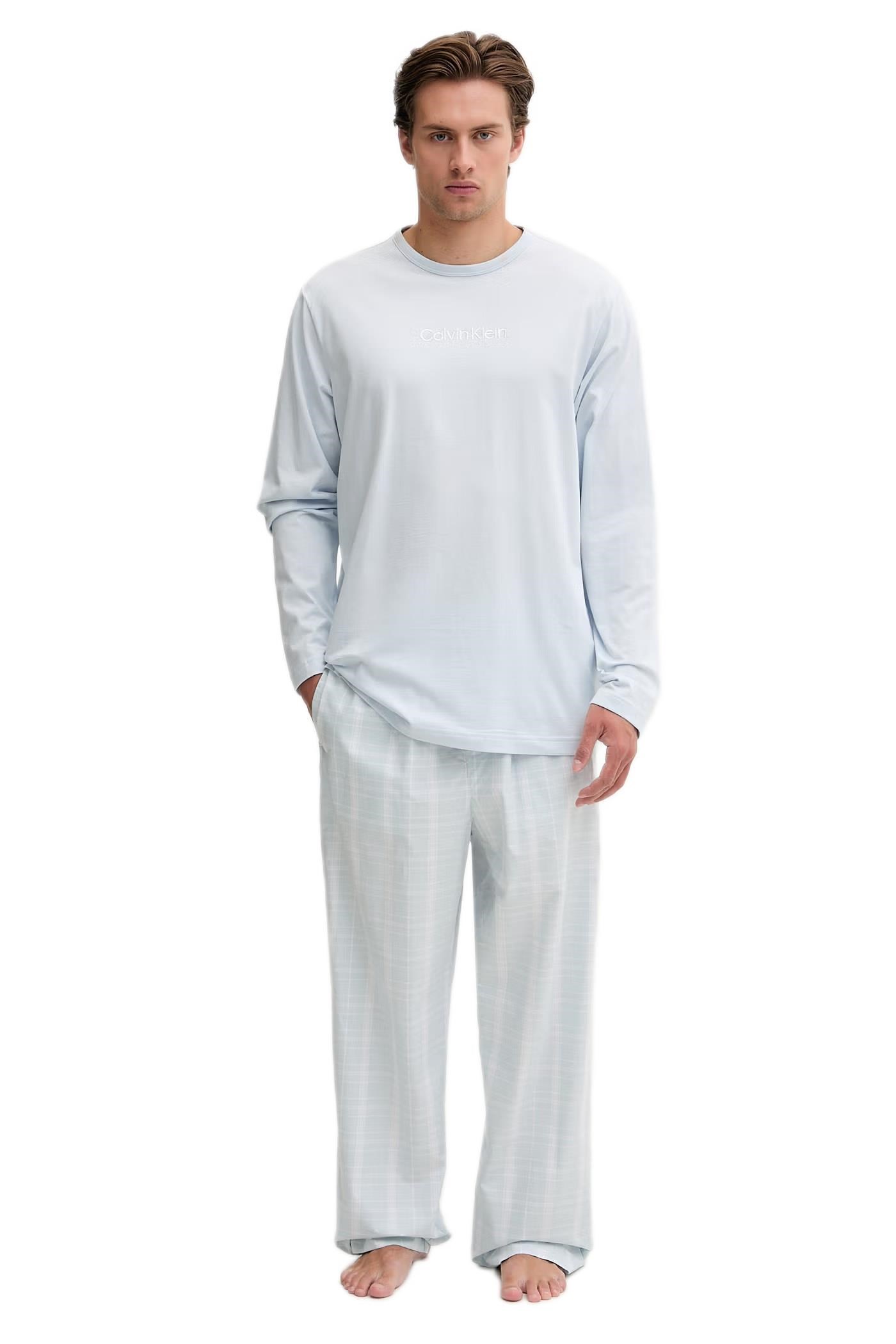 Calvin Klein Erkek Mavi Uzun Kollu Tişört Pantolon Pijama Takımı LV00NM2953