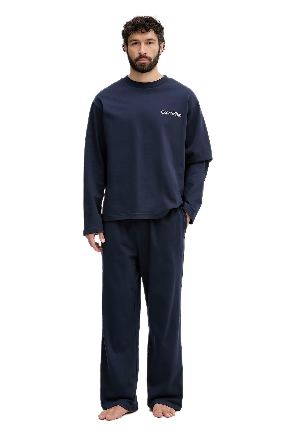 Calvin Klein Erkek Mavi Uzun Kollu Tişört Pantolon Pijama Takımı LV00NM2950