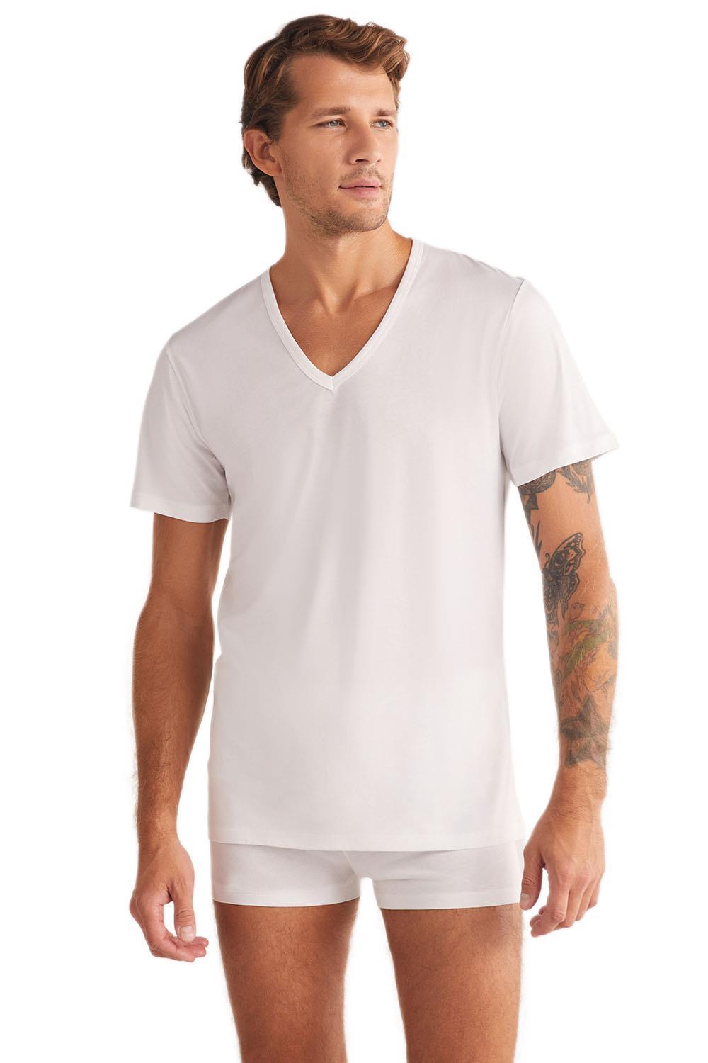 Kom Enrico V Yaka Pamuk 2'li Erkek Beyaz Tshirt