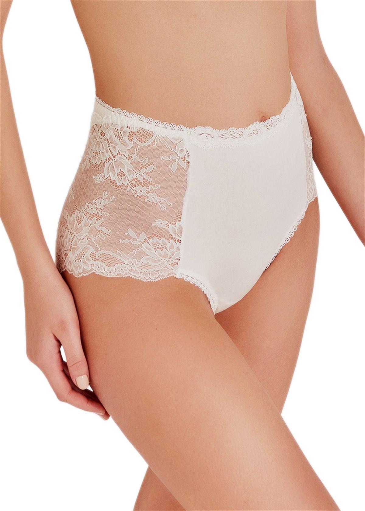 Magic Form Leylak Kumaşlı Yüksel Bel Dantelli Ekru Külot 589