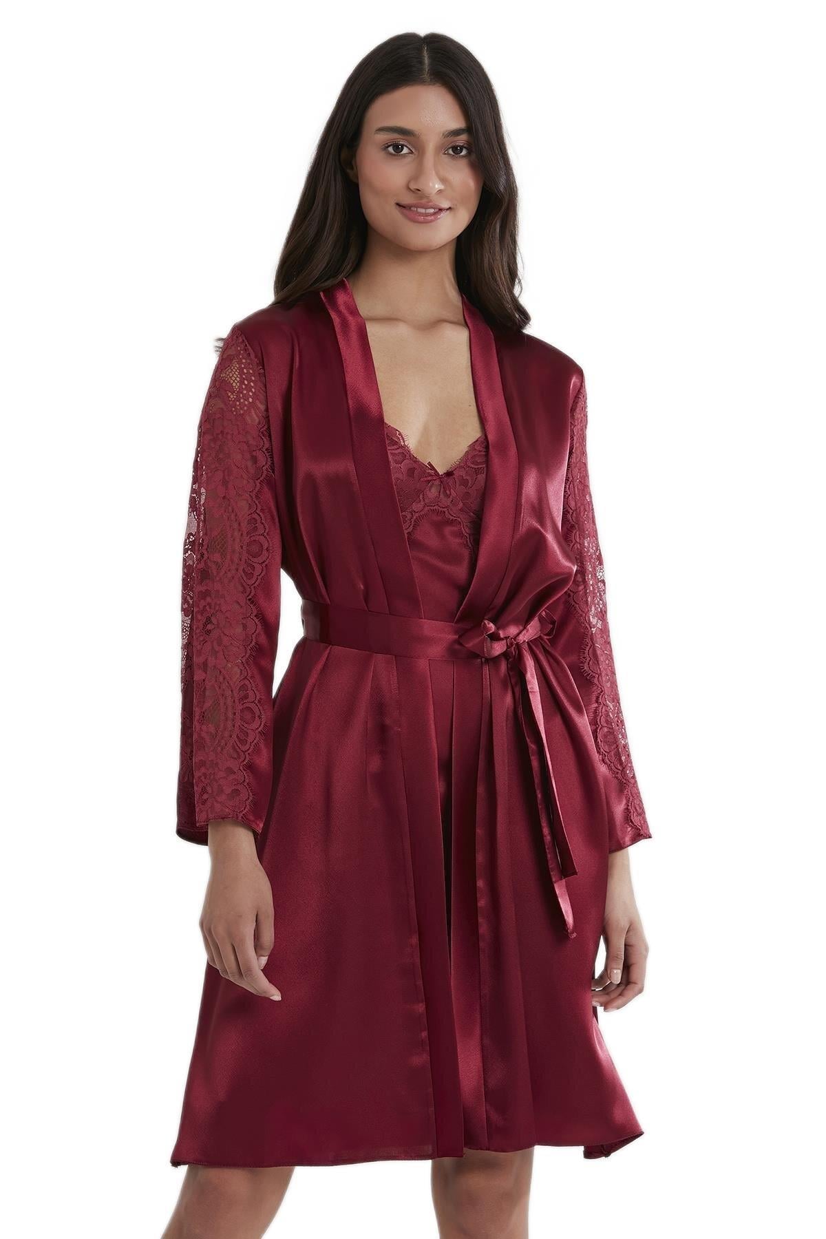 Pierre Cardin Kadın Bordo İkili Saten Gecelik Sabahlık Takım 4025