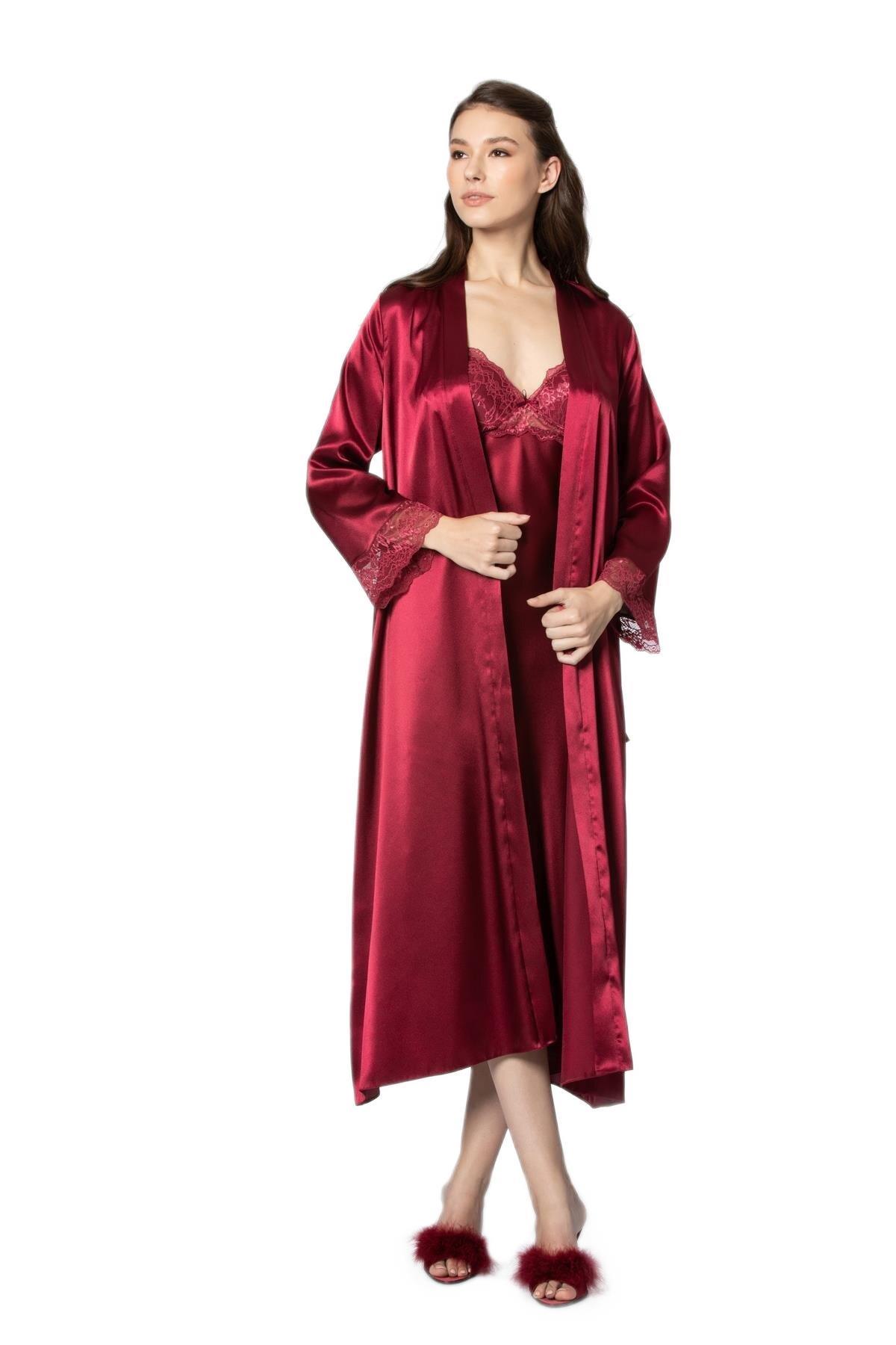 Pierre Cardin Kadın Bordo Saten Dantelli Gecelik Sabahlık Takım 4370
