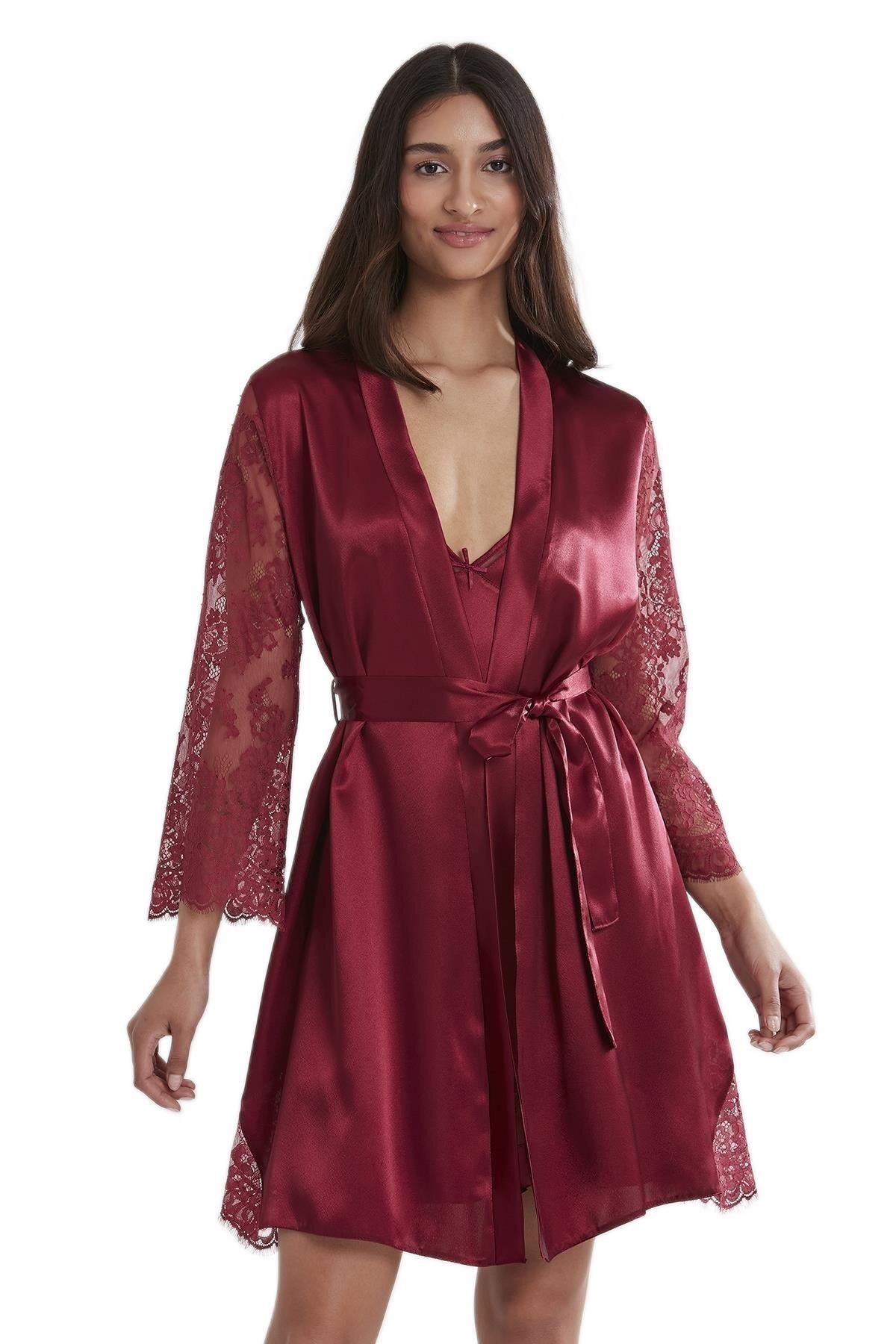 Pierre Cardin Kadın Bordo Saten Dantelli Gecelik & Sabahlık Takım 4065