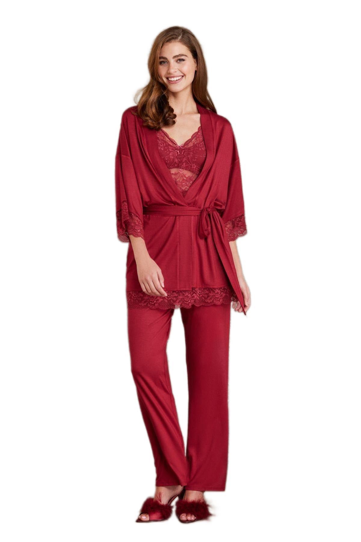 Pierre Cardin Kadın Bordo Üçlü Pijama Takımı 2810