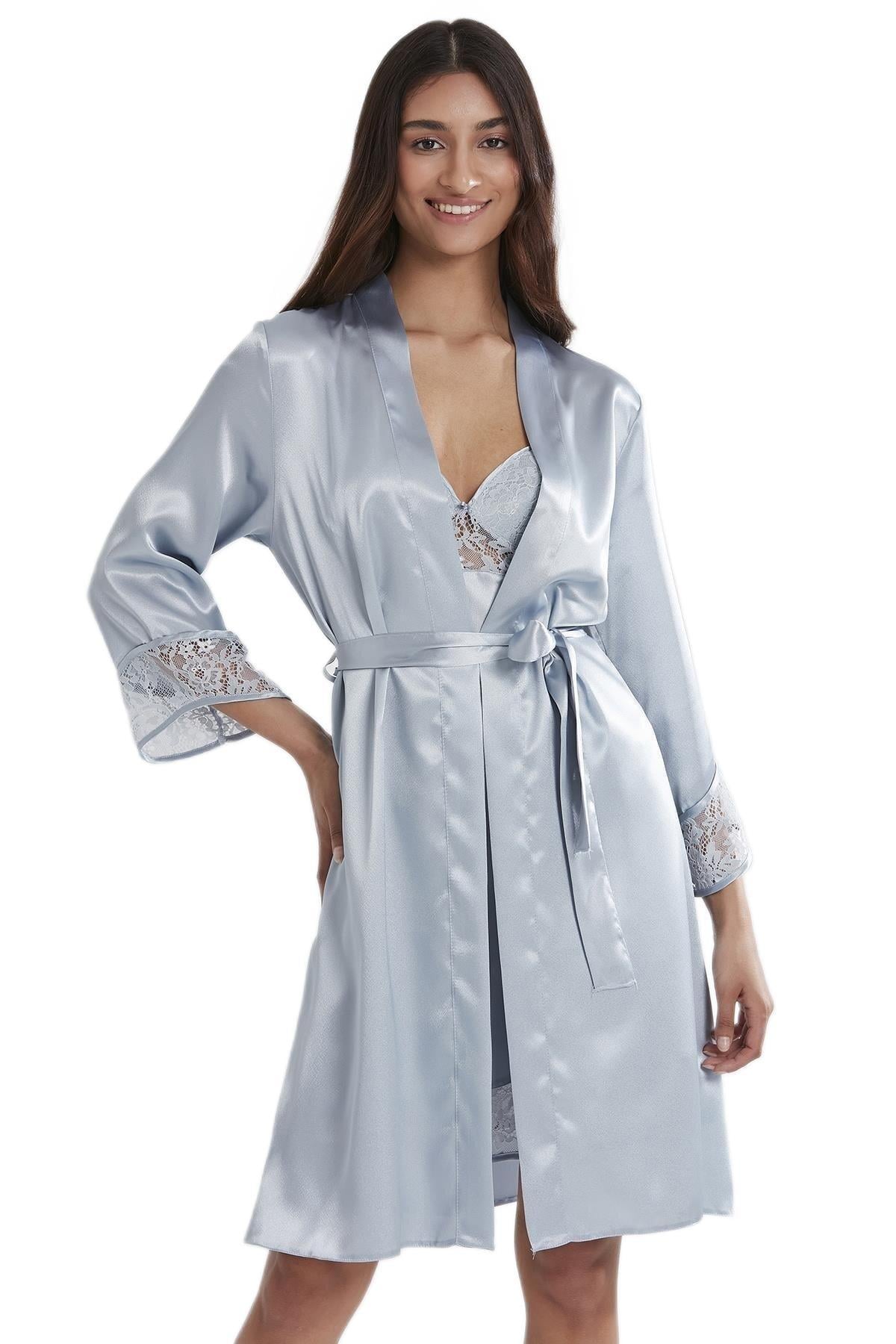 Pierre Cardin Kadın Saten Dantelli Gecelik & Sabahlık Takım 4075