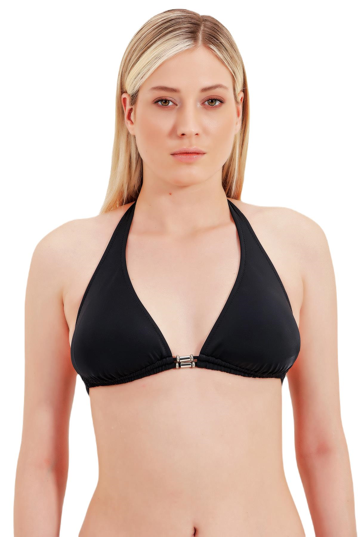 Zeki Aksesuar Detaylı Boyundan Bağlamalı Siyah Bikini Üst 