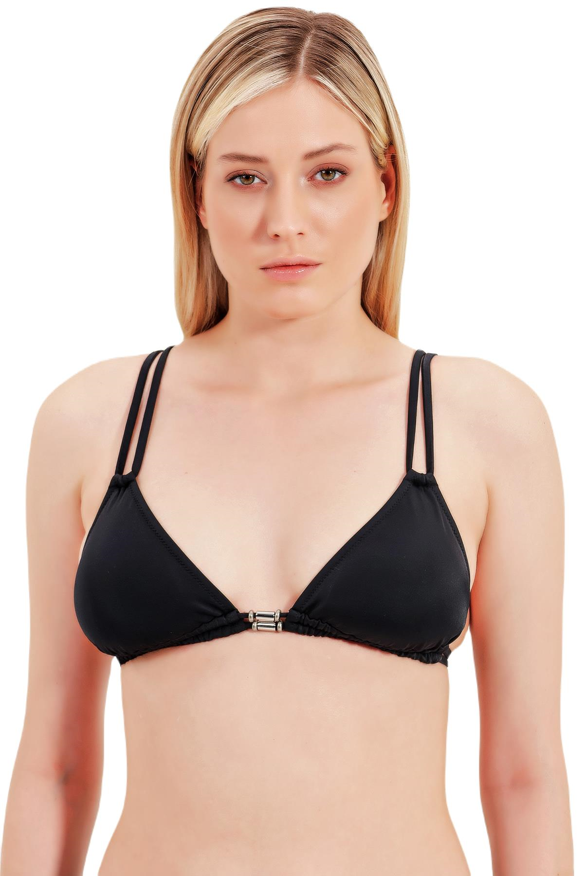 Zeki Aksesuar Detaylı Üçgen Siyah Bikini Üst 