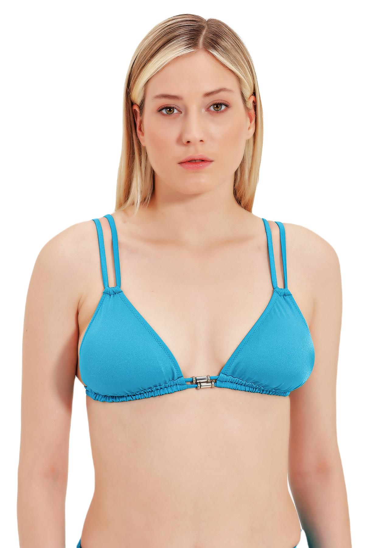 Zeki Aksesuar Detaylı Üçgen Turkuaz Bikini Üst 