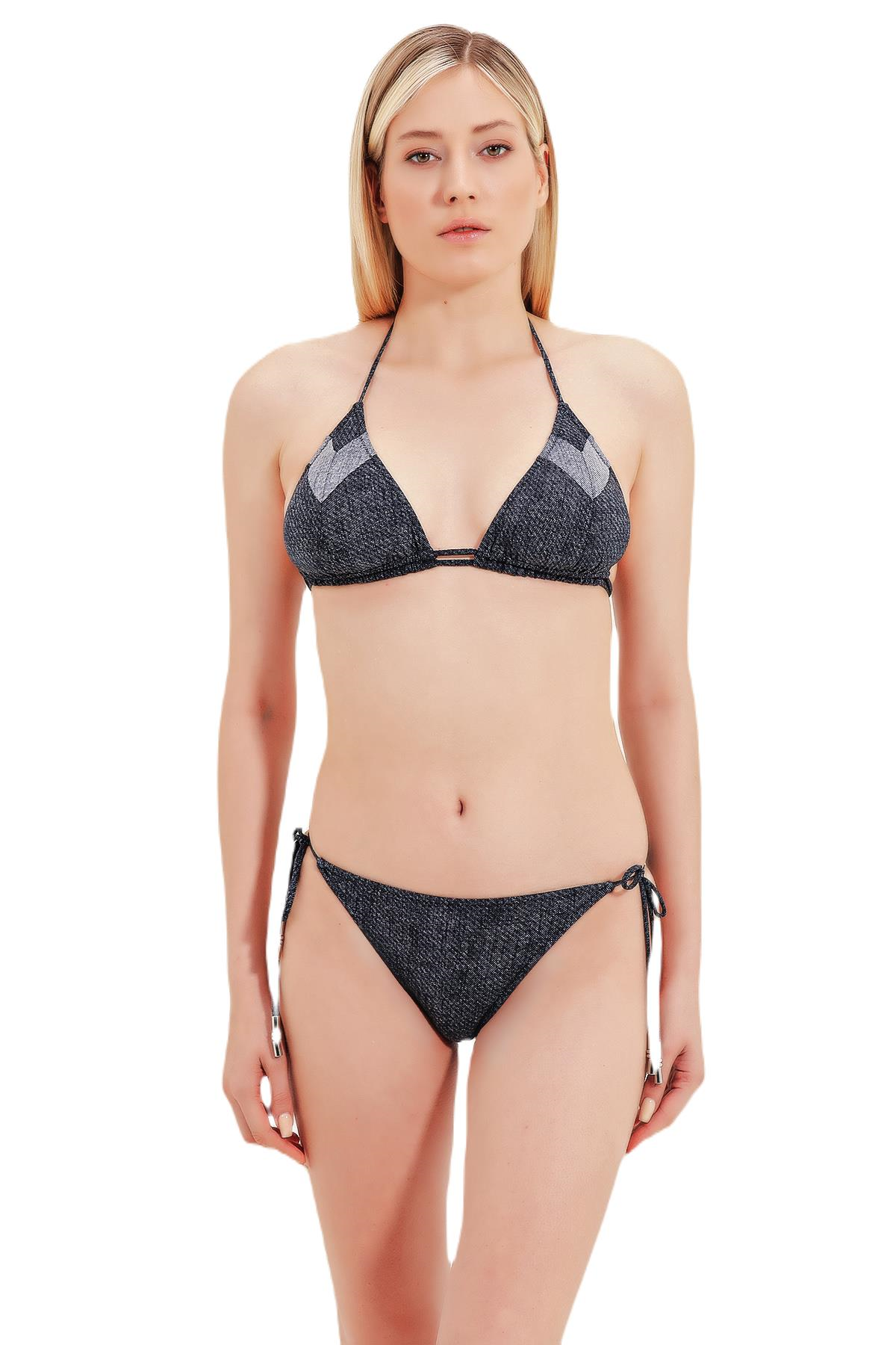 Zeki Boyundan Bağlamalı Üçgen Antrasit Bikini Takım
