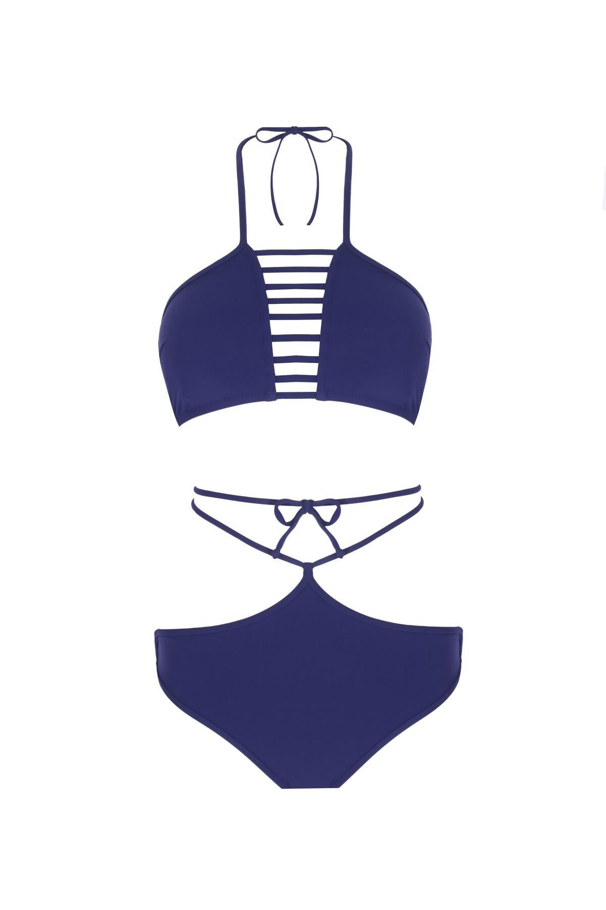 Zeki Şeritli Balensiz Lacivert Bikini Takımı