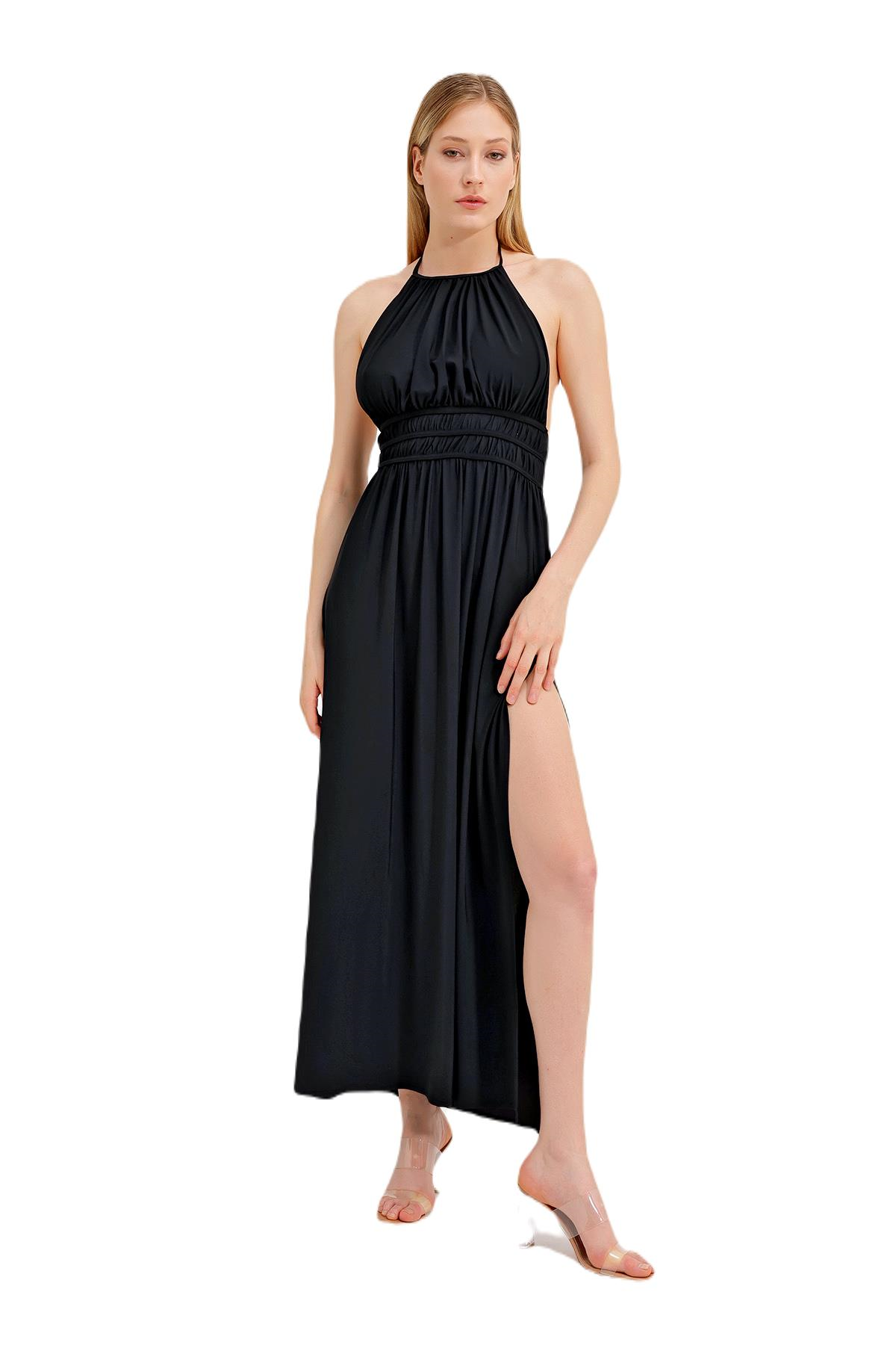 Zeki Sırt Dekolteli Siyah Elbise 