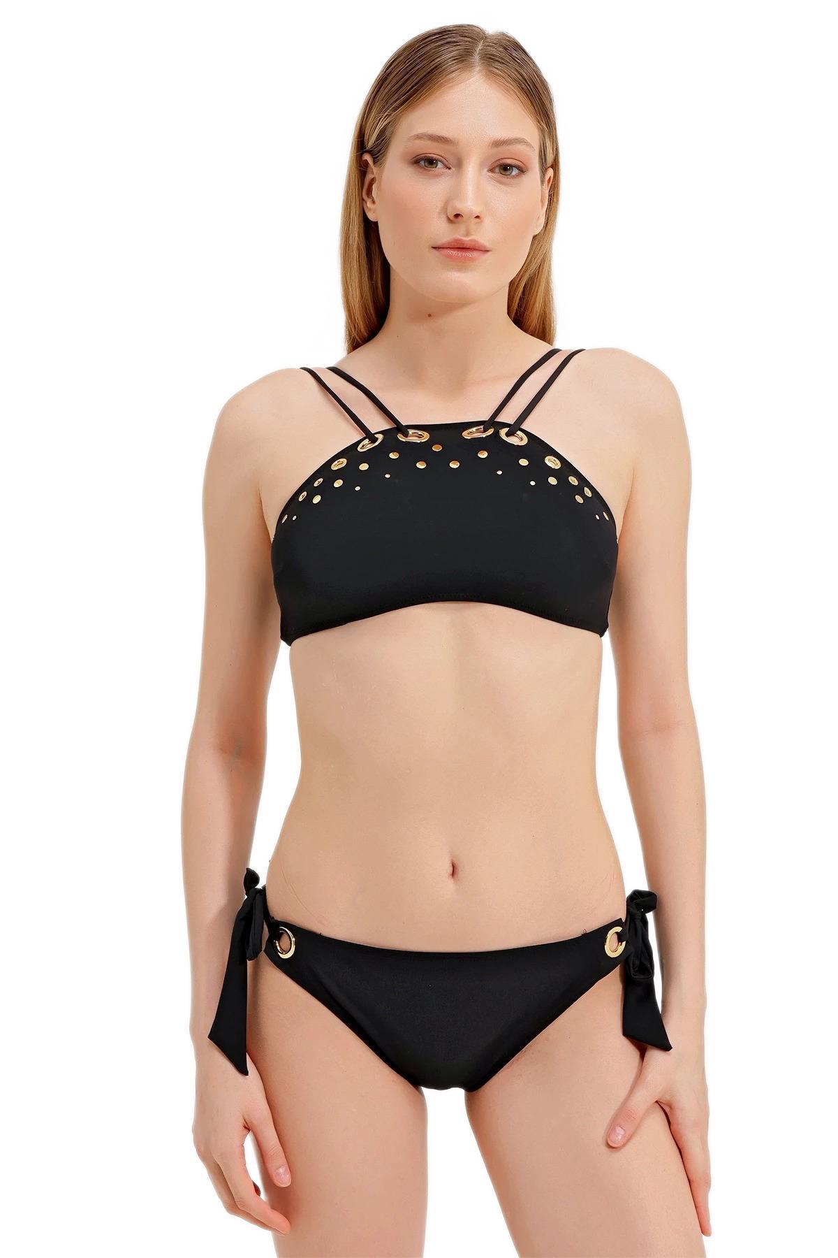 Zeki Siyah Altın Aksesuar Detaylı Bikini Takım