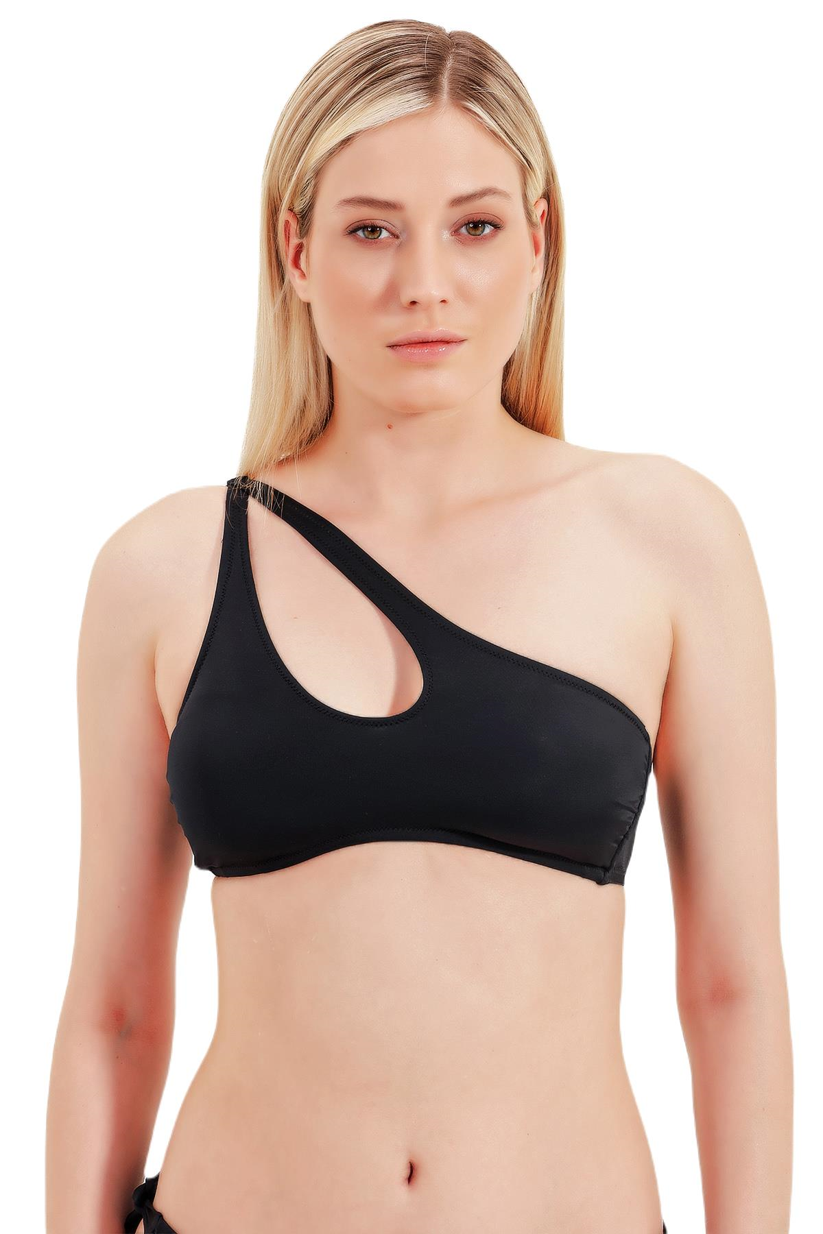 Zeki Tek Omuz Siyah Bikini Üst 