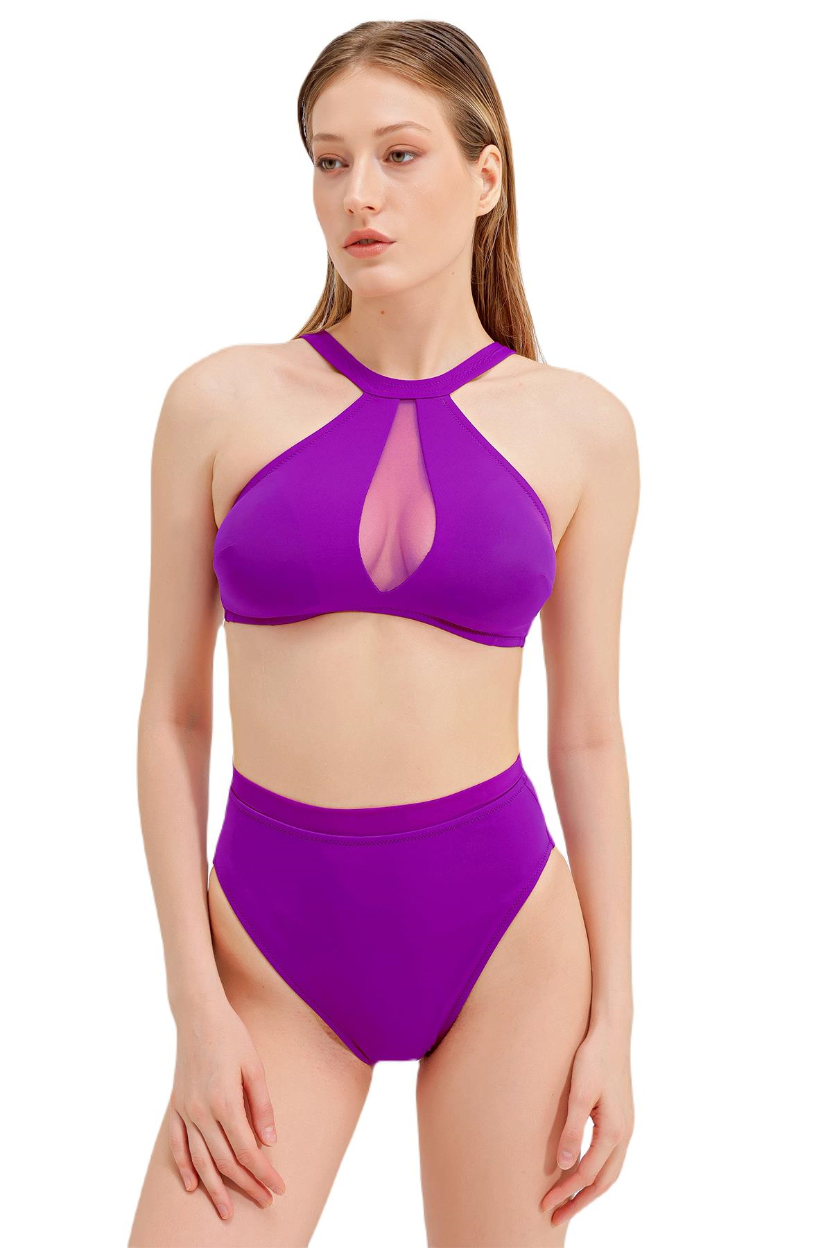 Zeki Tül Detaylı Mor Bikini Takım