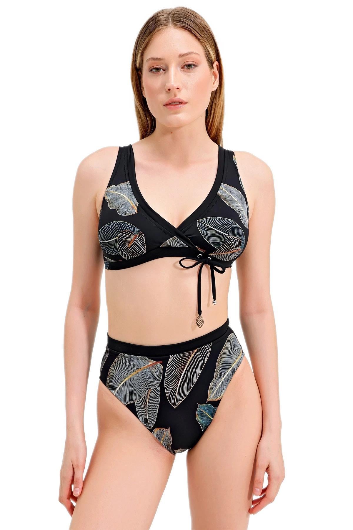 Zeki Yaprak Desenli Yüksek Bel Bikini Takım
