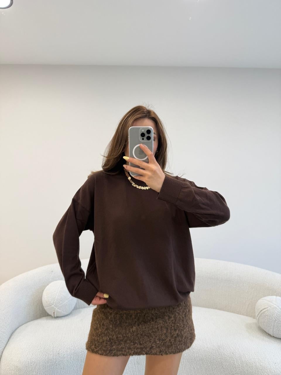 %100 COKON BİSİKLET YAKA BASİC KAZAK KAHVEI