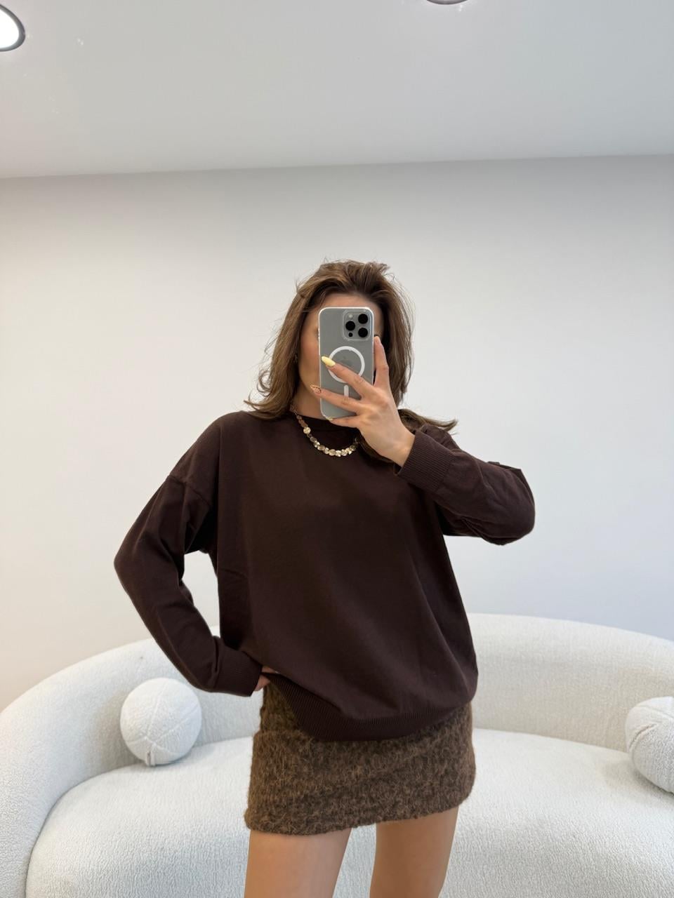 %100 COKON BİSİKLET YAKA BASİC KAZAK KAHVEI