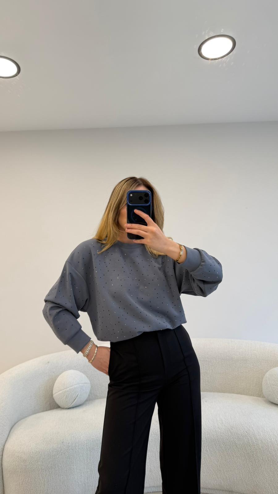 2 İPLİK FULL TAŞLI SWEAT GRİ