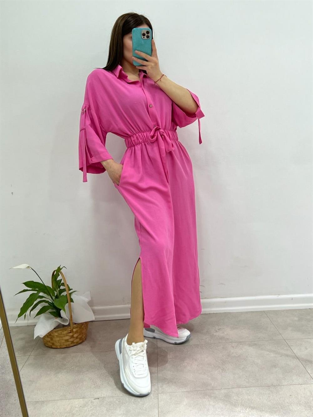 Keten Gömlek Elbi̇se Pembe