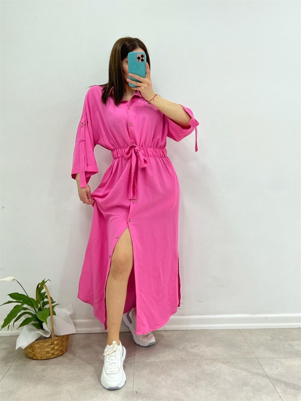 Keten Gömlek Elbi̇se Pembe