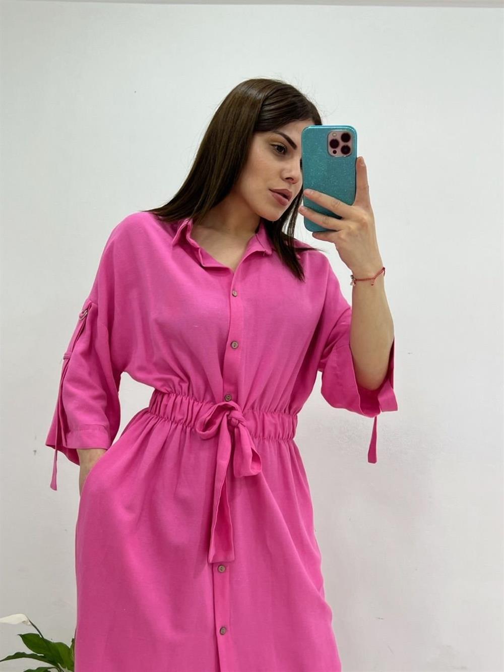 Keten Gömlek Elbi̇se Pembe