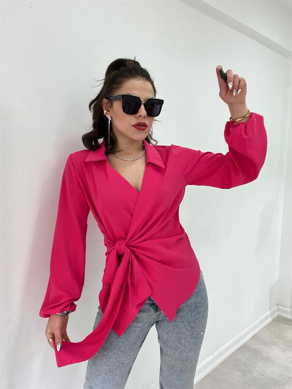 Pembe Bağlamali Bluz