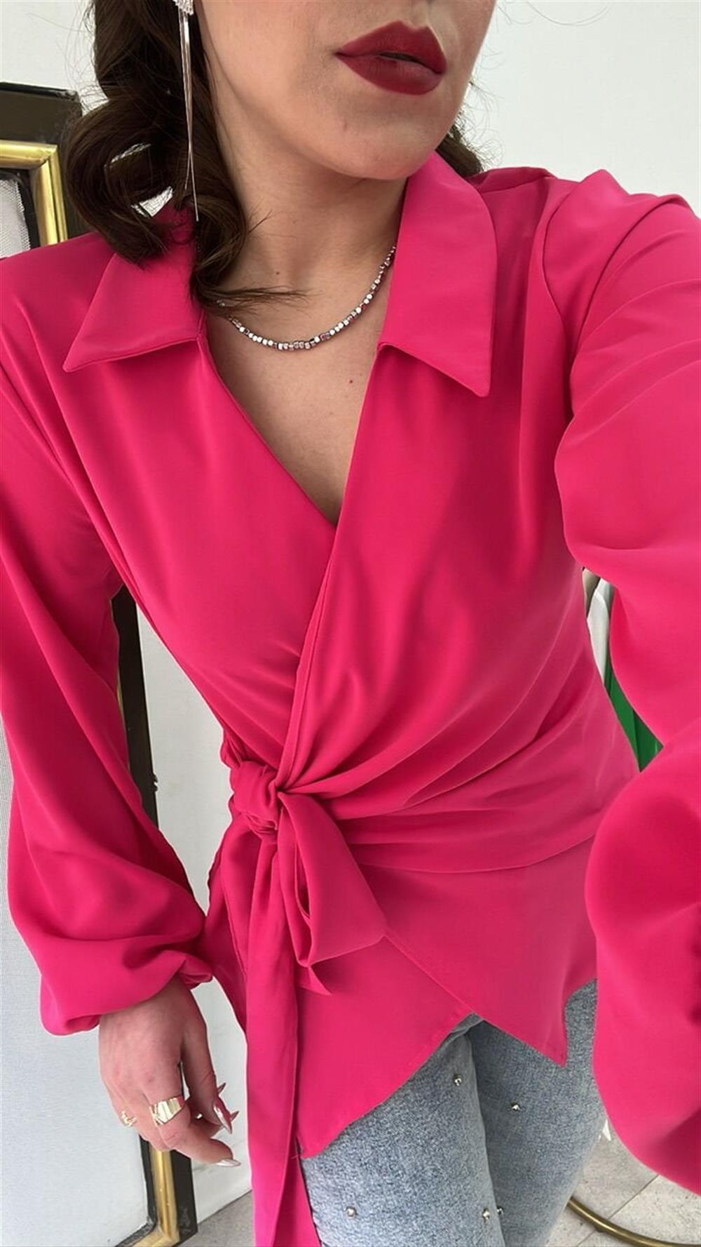 Pembe Bağlamali Bluz