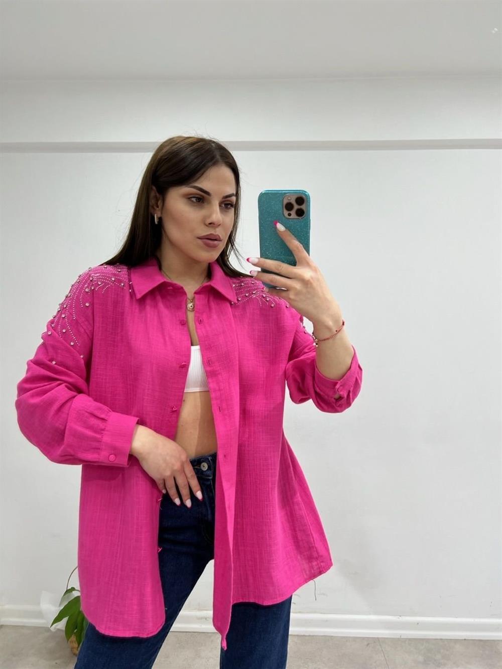 Taşli Pembe Keten Gömlek
