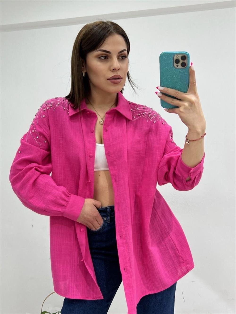 Taşli Pembe Keten Gömlek