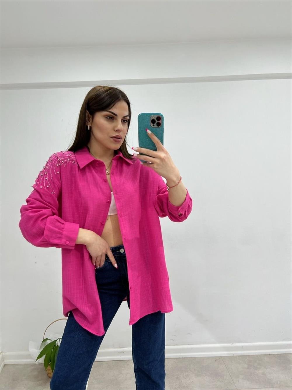 Taşli Pembe Keten Gömlek