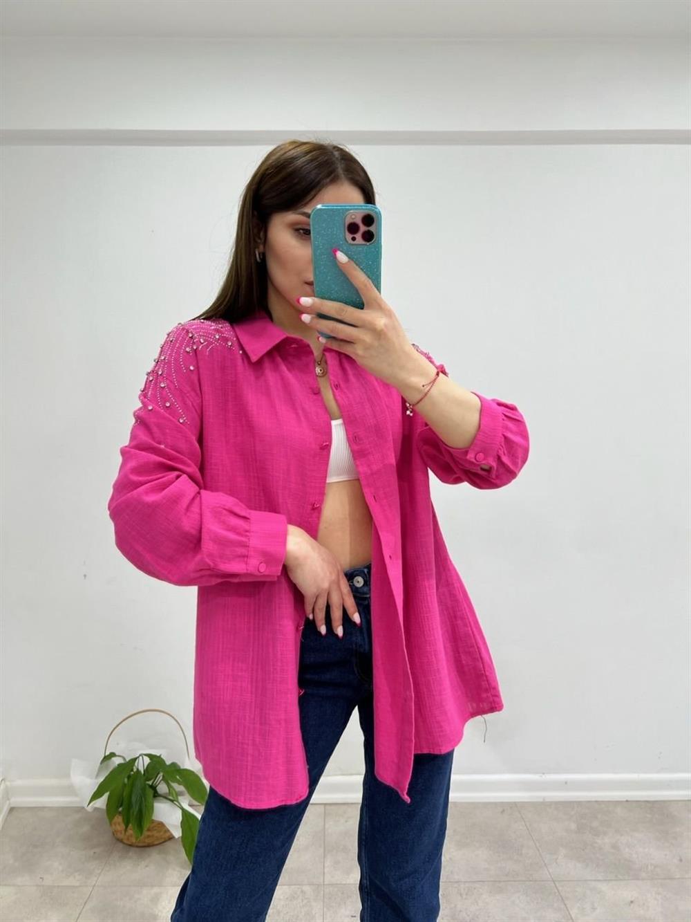 Taşli Pembe Keten Gömlek