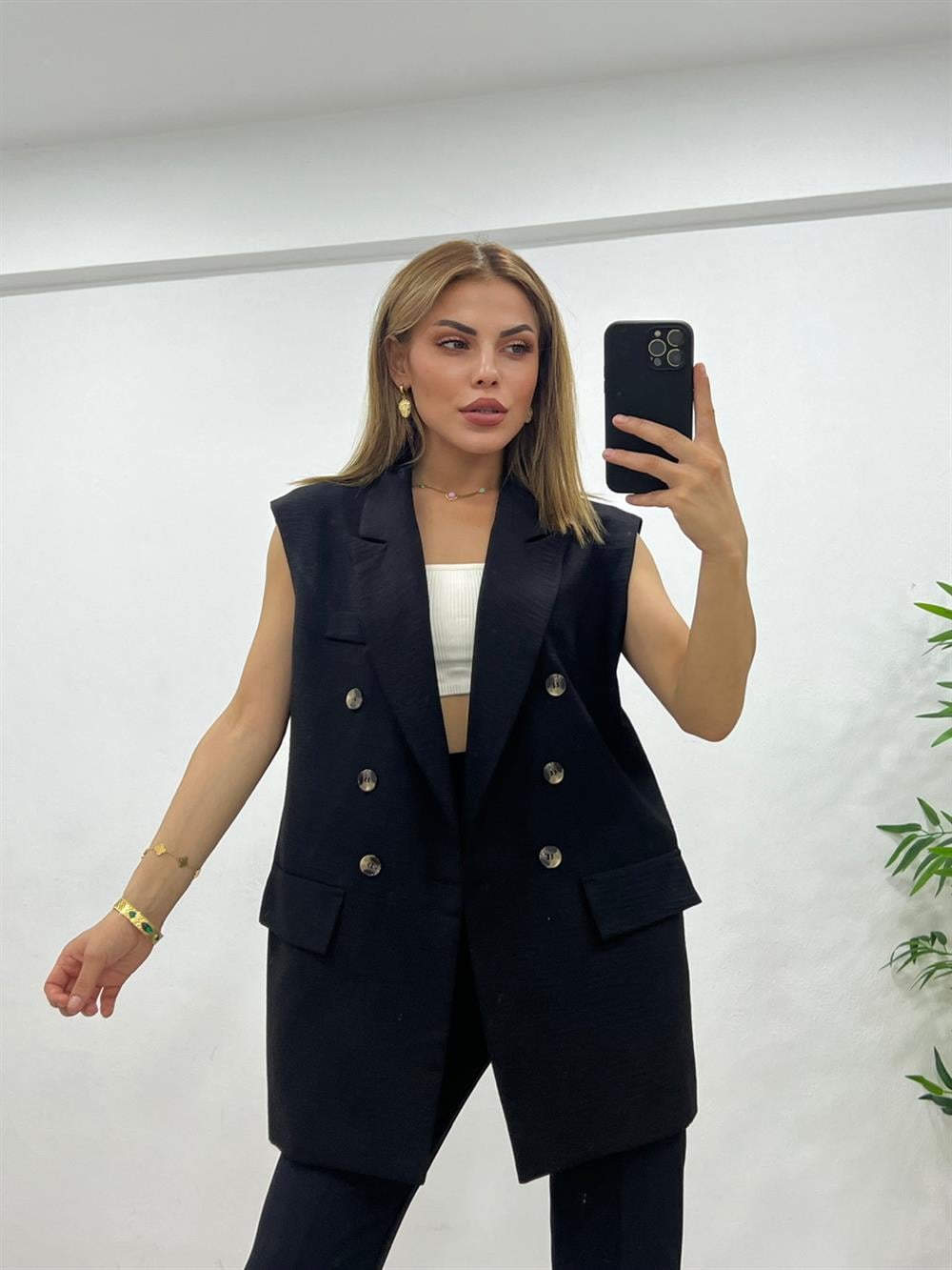 Astarli Blazer Yelek - Siyah