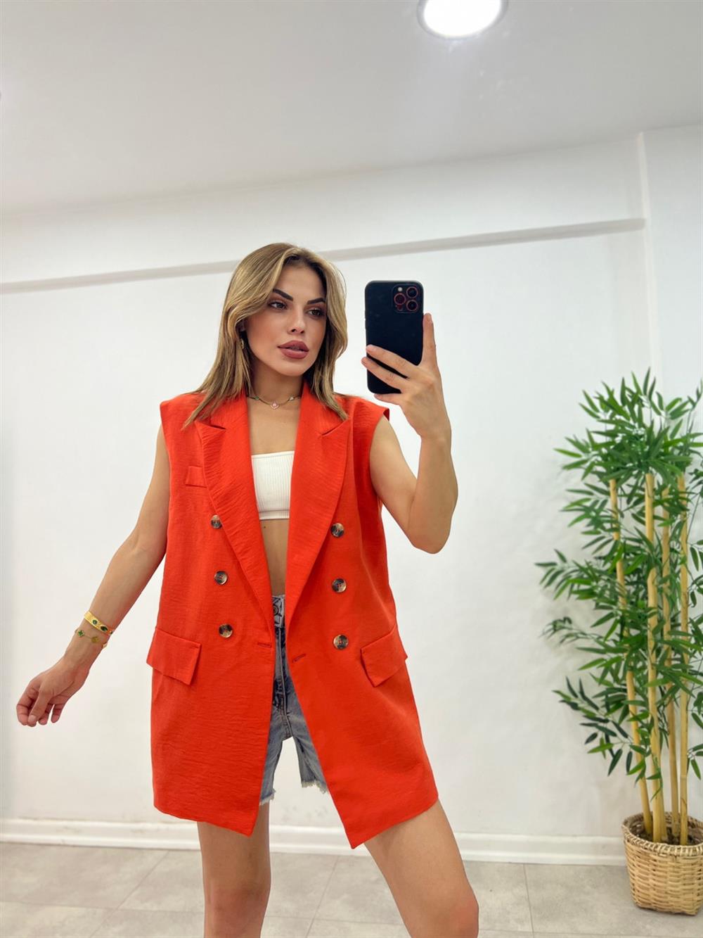 Astarli Blazer Yelek - Turuncu