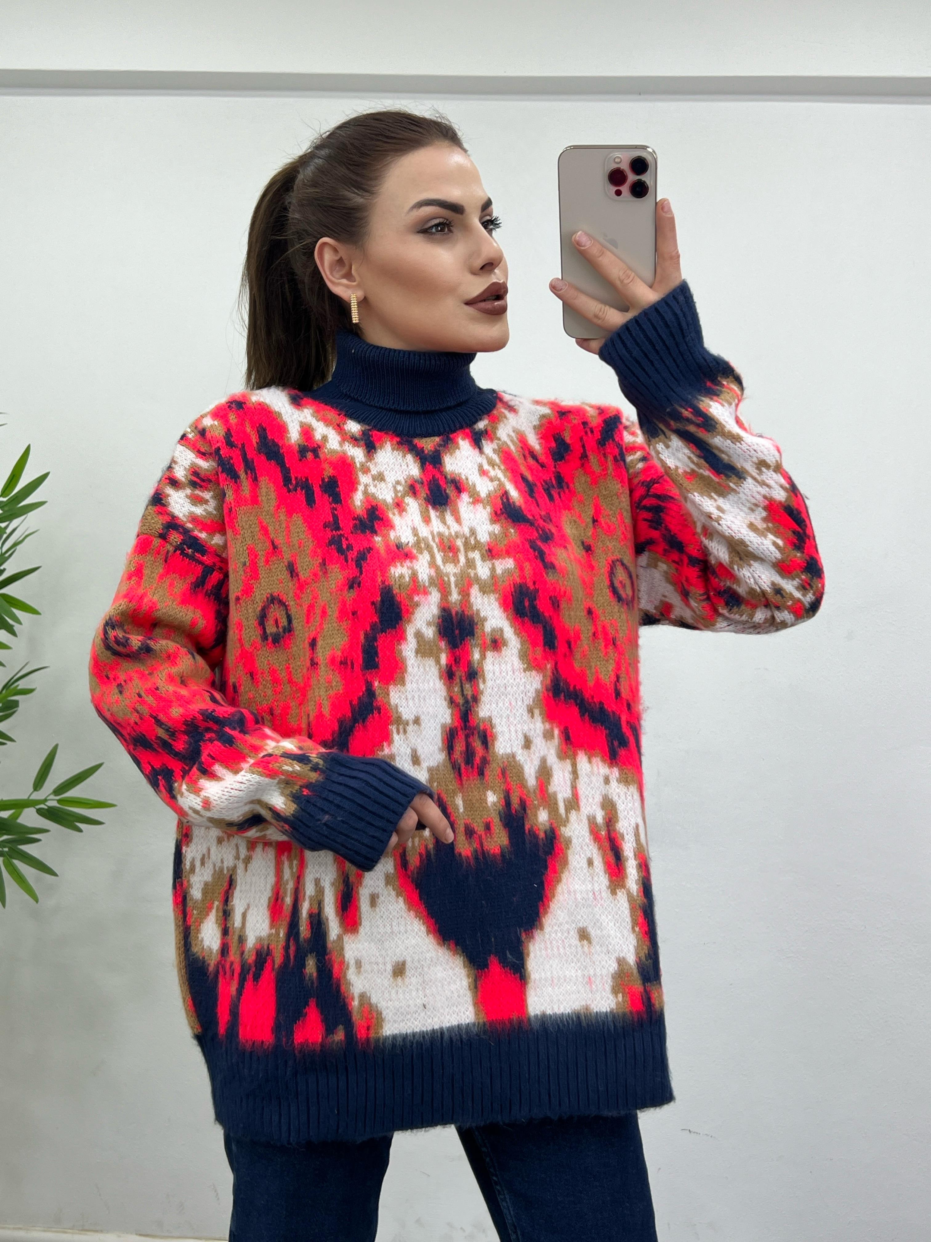 Balikçi Yaka Renkli̇ Kazak