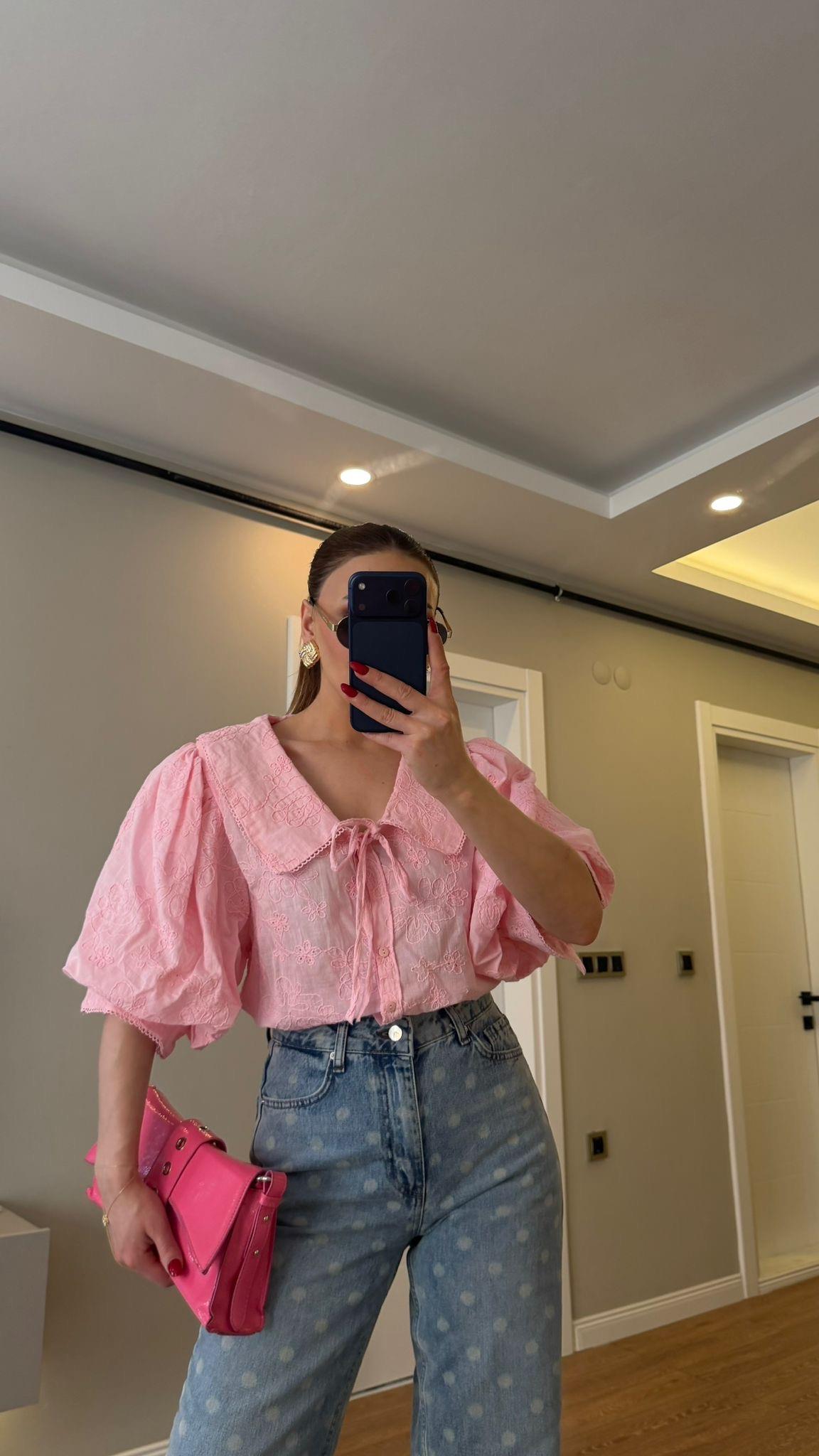 BEBE YAKA BALON KOL BRİDE GÖMLEK PEMBE