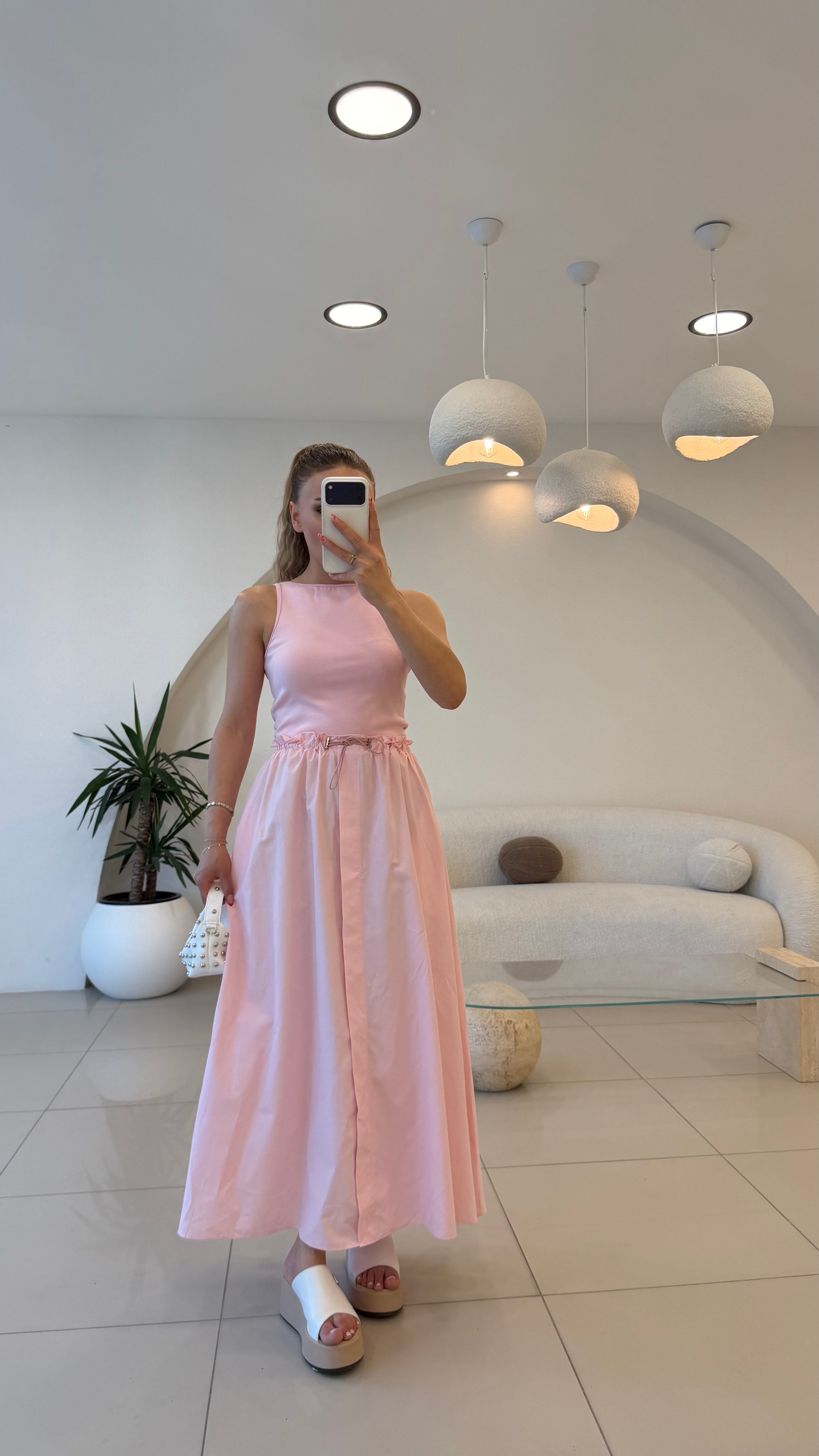 BEL BAĞLAMALI ALT POPLİN ELBİSE PEMBE