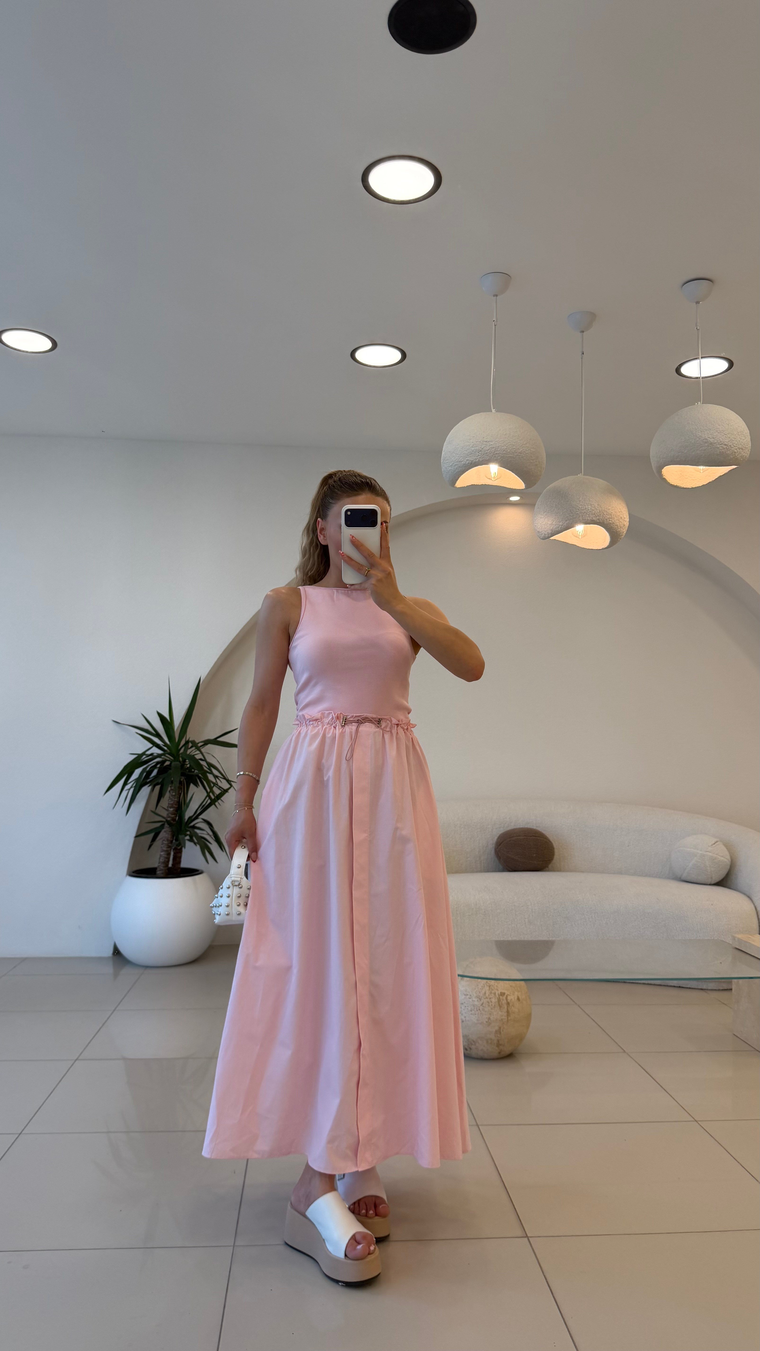 BEL BAĞLAMALI ALT POPLİN ELBİSE PEMBE