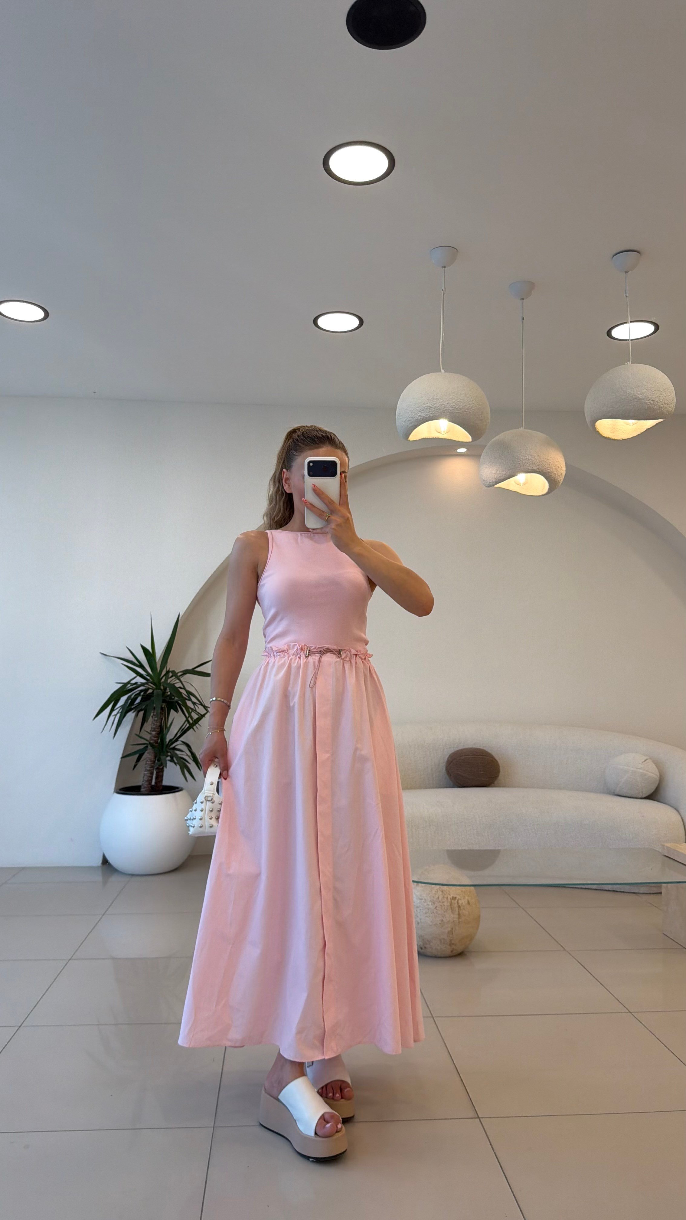 BEL BAĞLAMALI ALT POPLİN ELBİSE PEMBE