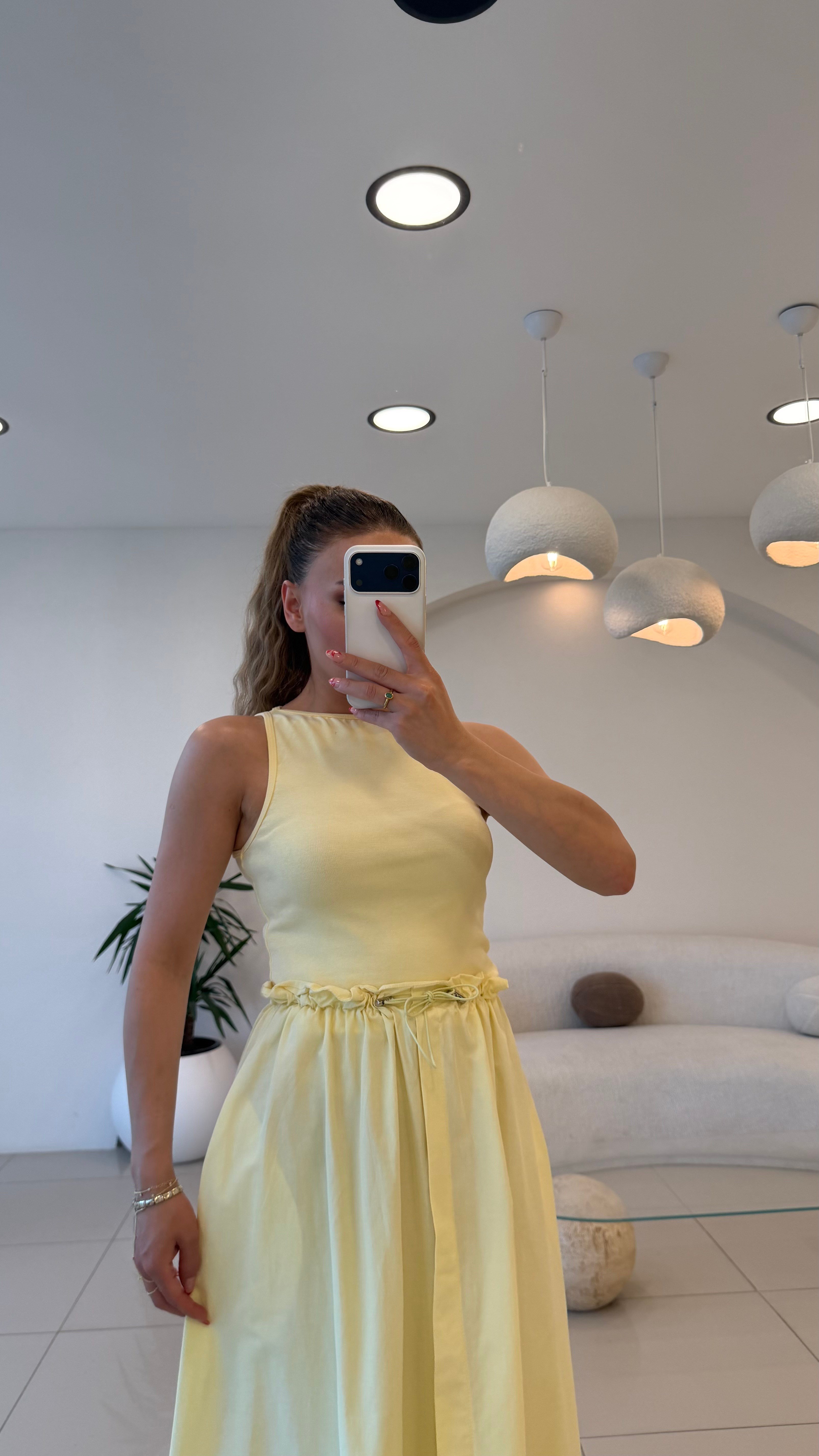 BEL BAĞLAMALI ALT POPLİN ELBİSE SARI