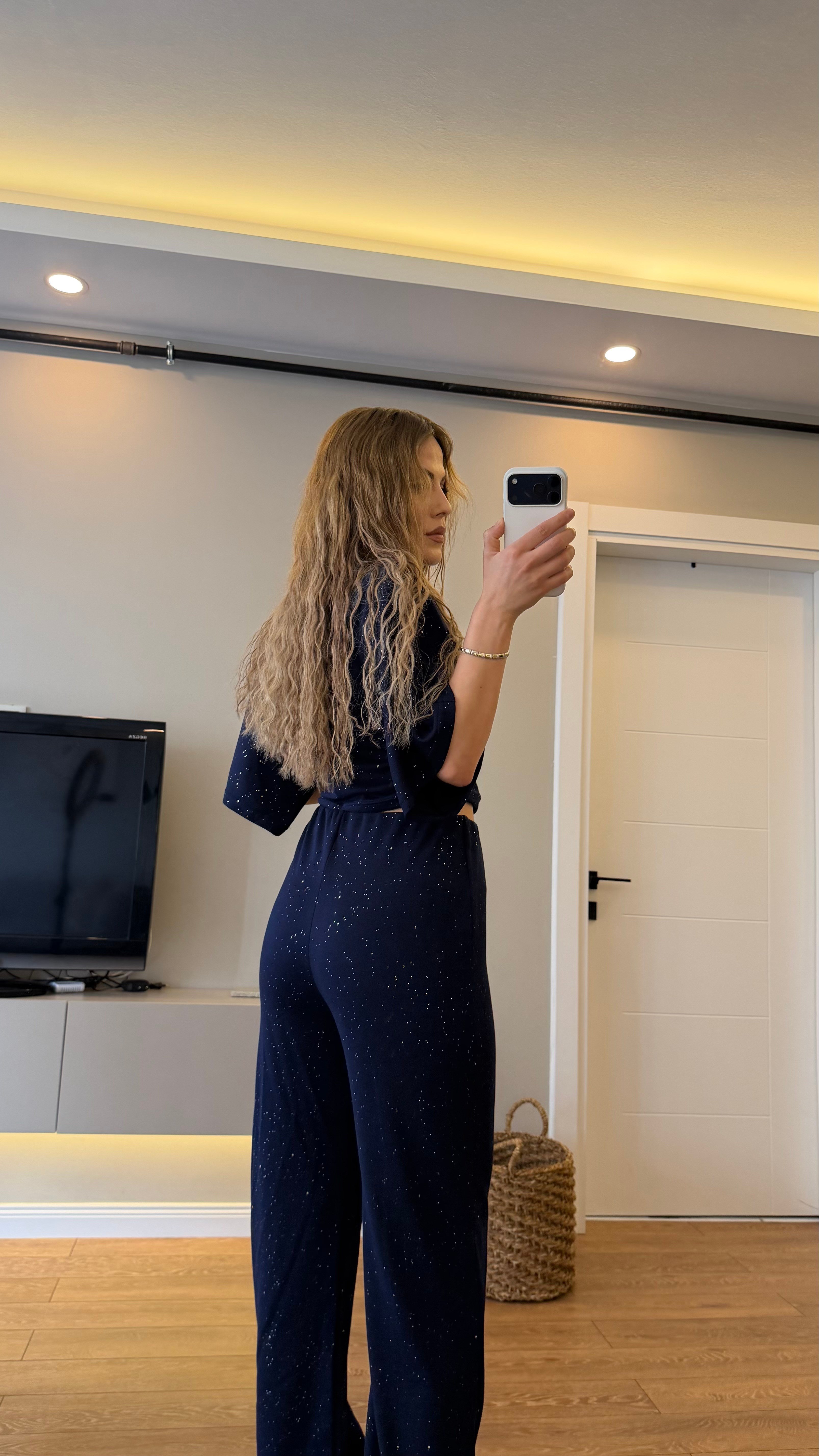 BEL BÜZGÜLÜ SİMLİ İKİLİ MODAL TAKIM LACİVERT