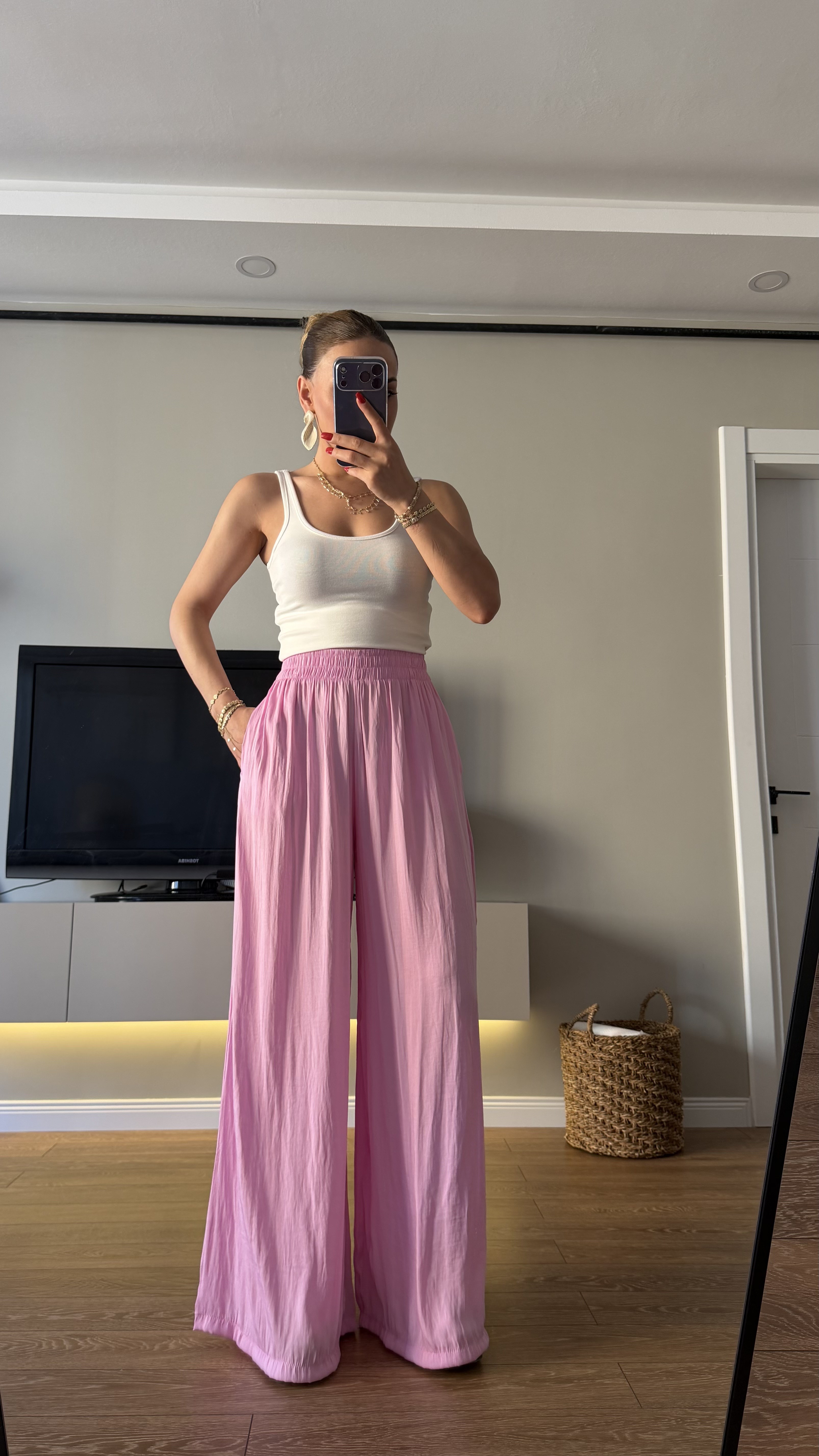 Bel Lastikli Saten Pantolon Pembe 