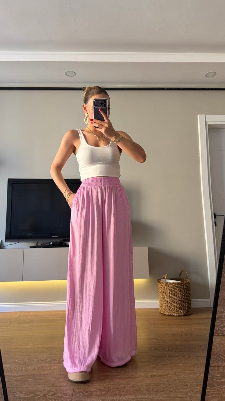 Bel Lastikli Saten Pantolon Pembe 