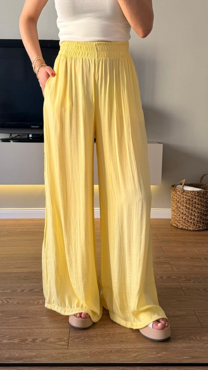 Bel Lastikli Saten Pantolon Sarı
