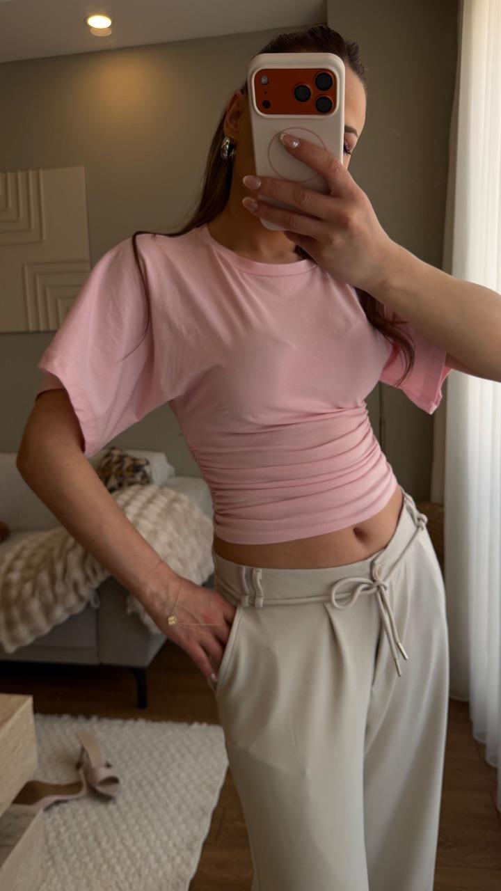 Bel Oturtmalı Bluz Pembe