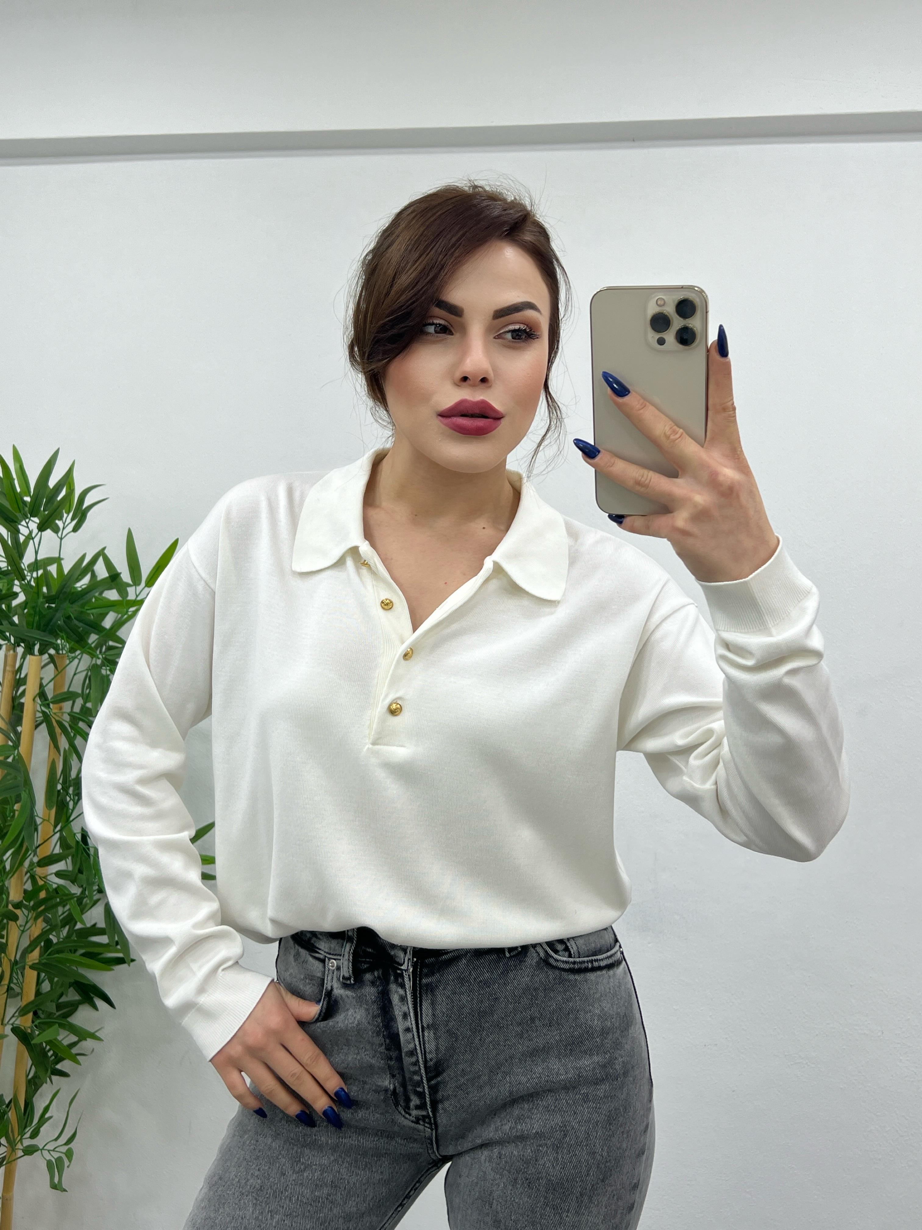 Beyaz Gold Düğmeli̇ Polo Yaka Tri̇ko