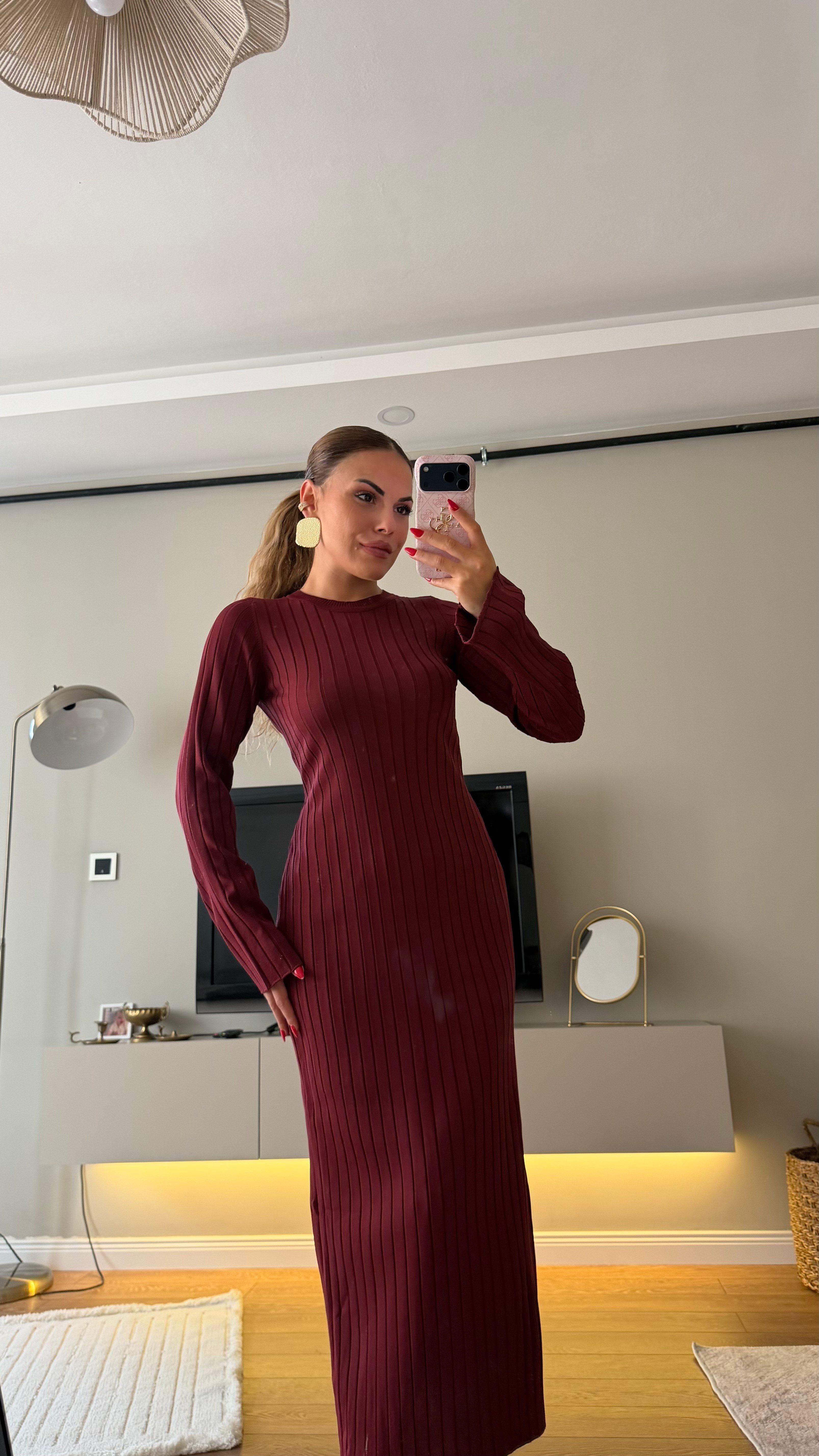 Bisiklet Yaka Fitilli Triko Elbise Bordo