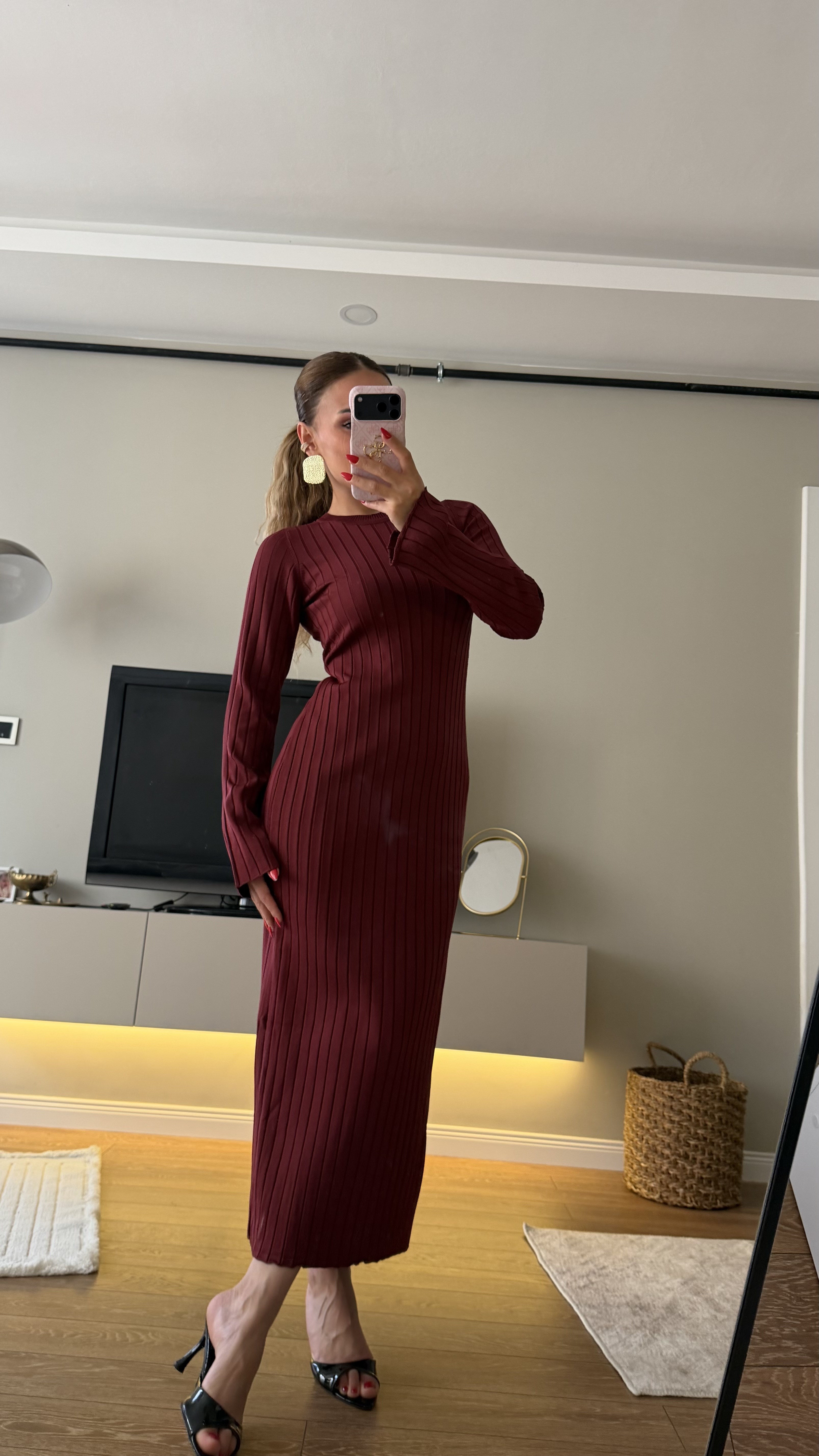Bisiklet Yaka Fitilli Triko Elbise Bordo