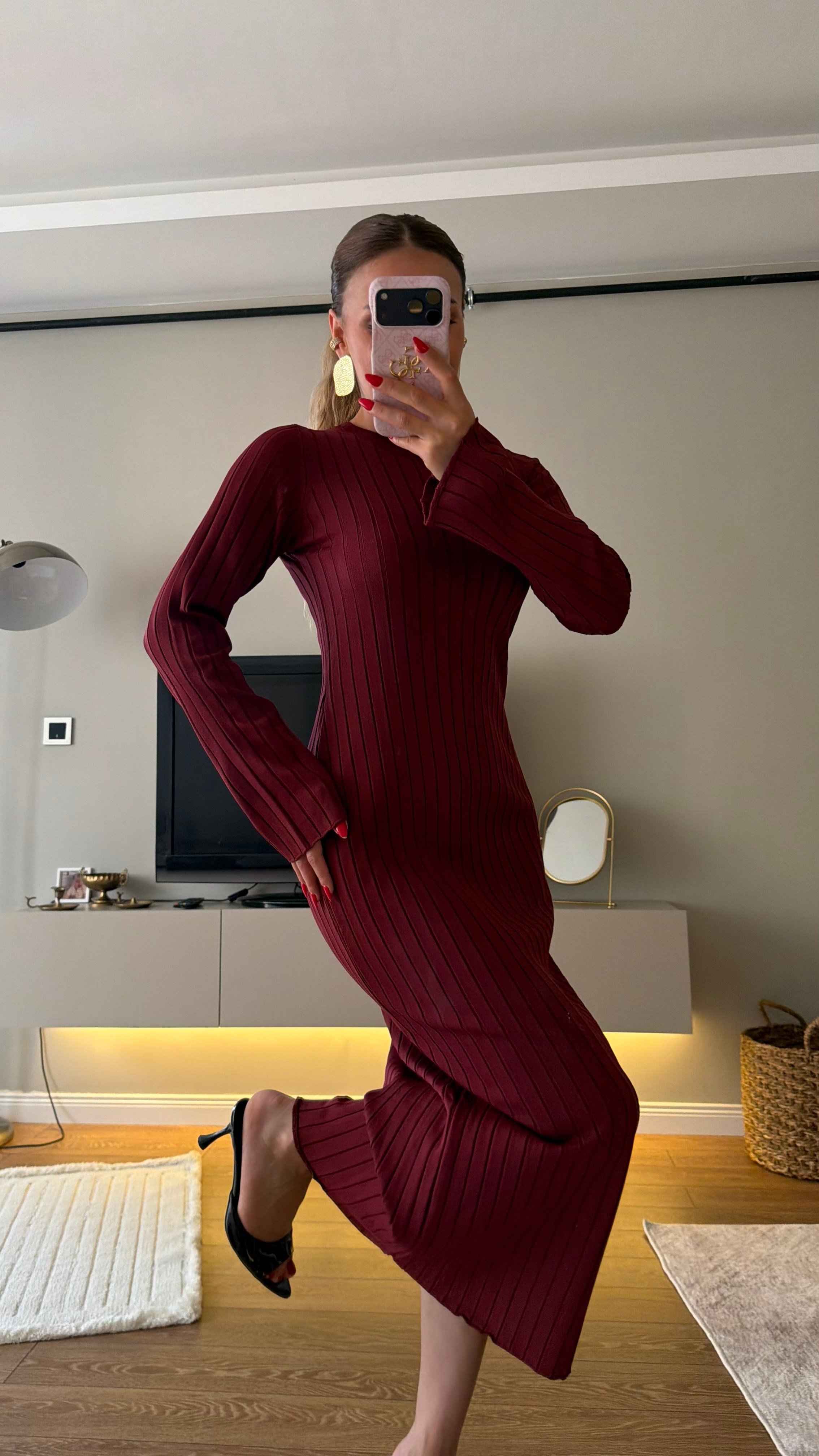 Bisiklet Yaka Fitilli Triko Elbise Bordo