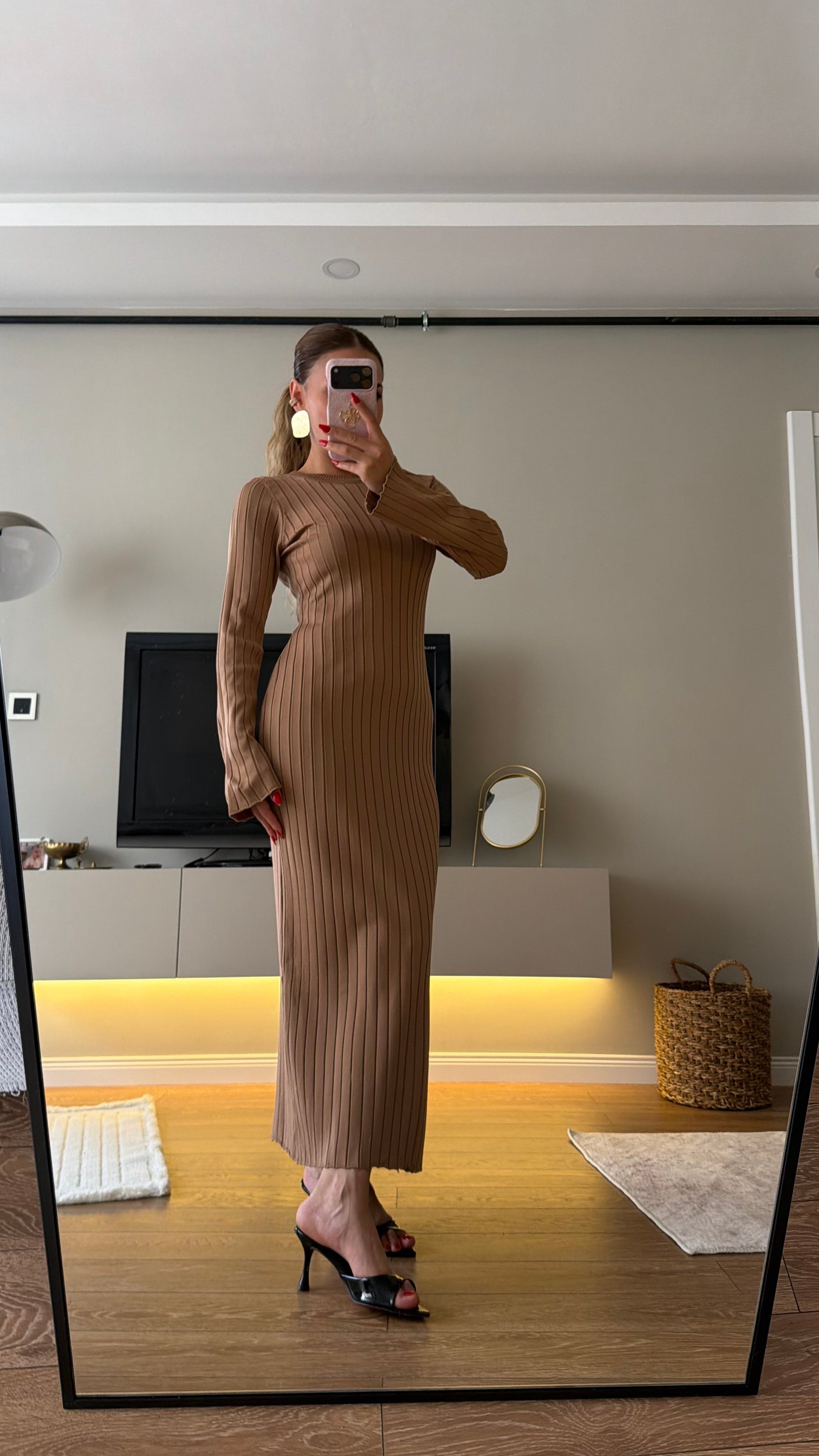 Bisiklet Yaka Fitilli Triko Elbise Camel