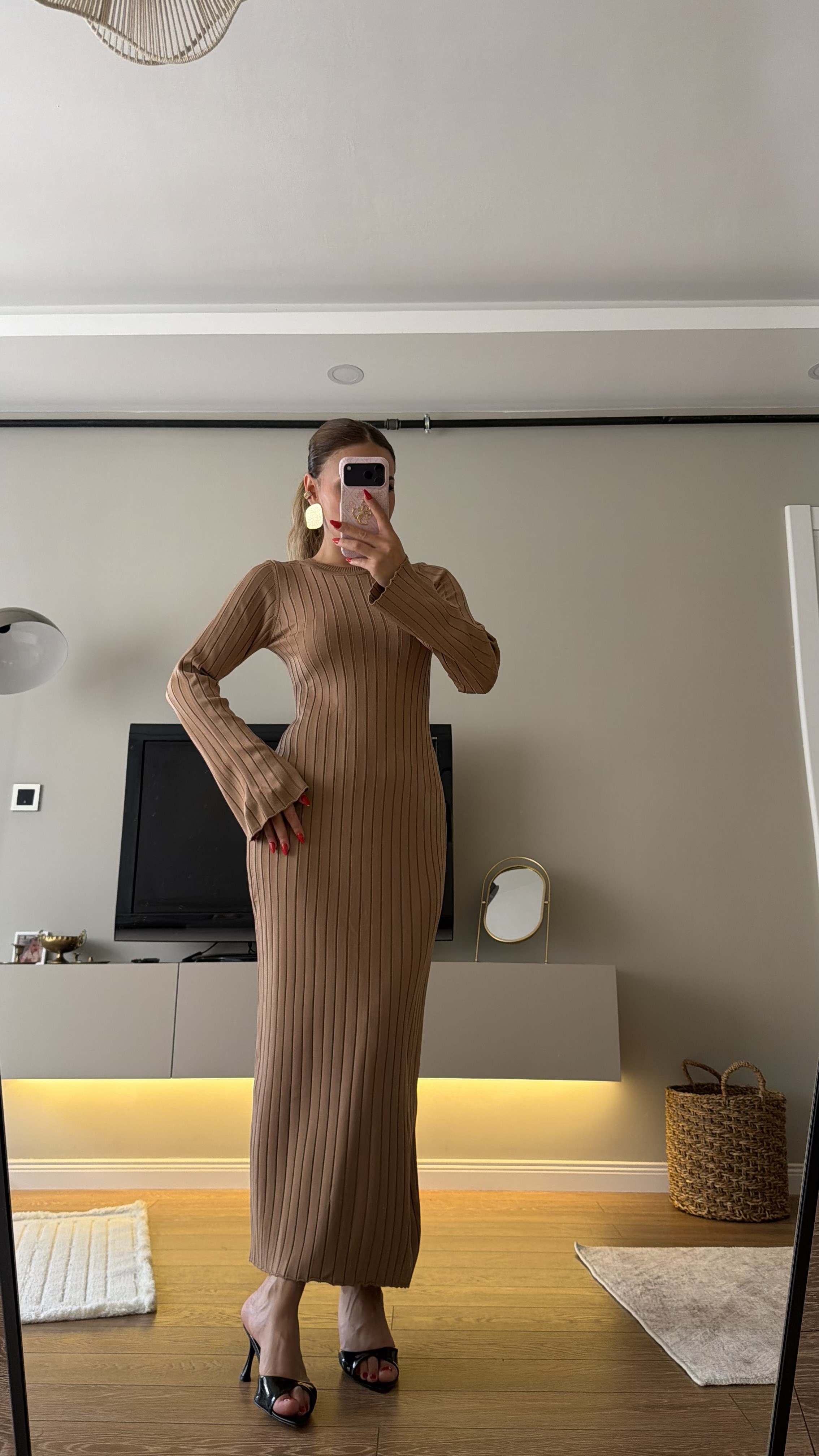 Bisiklet Yaka Fitilli Triko Elbise Camel